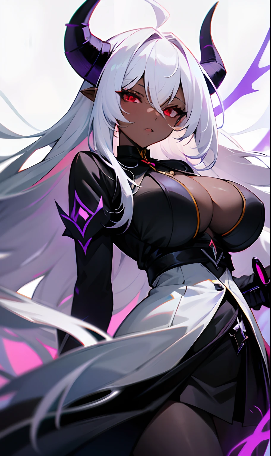 Long white haired girl with huge breasts with black demon horns on her head wearing an outfit of black horns holding a black sword with purple energy coming out of her dark skinned red eyes