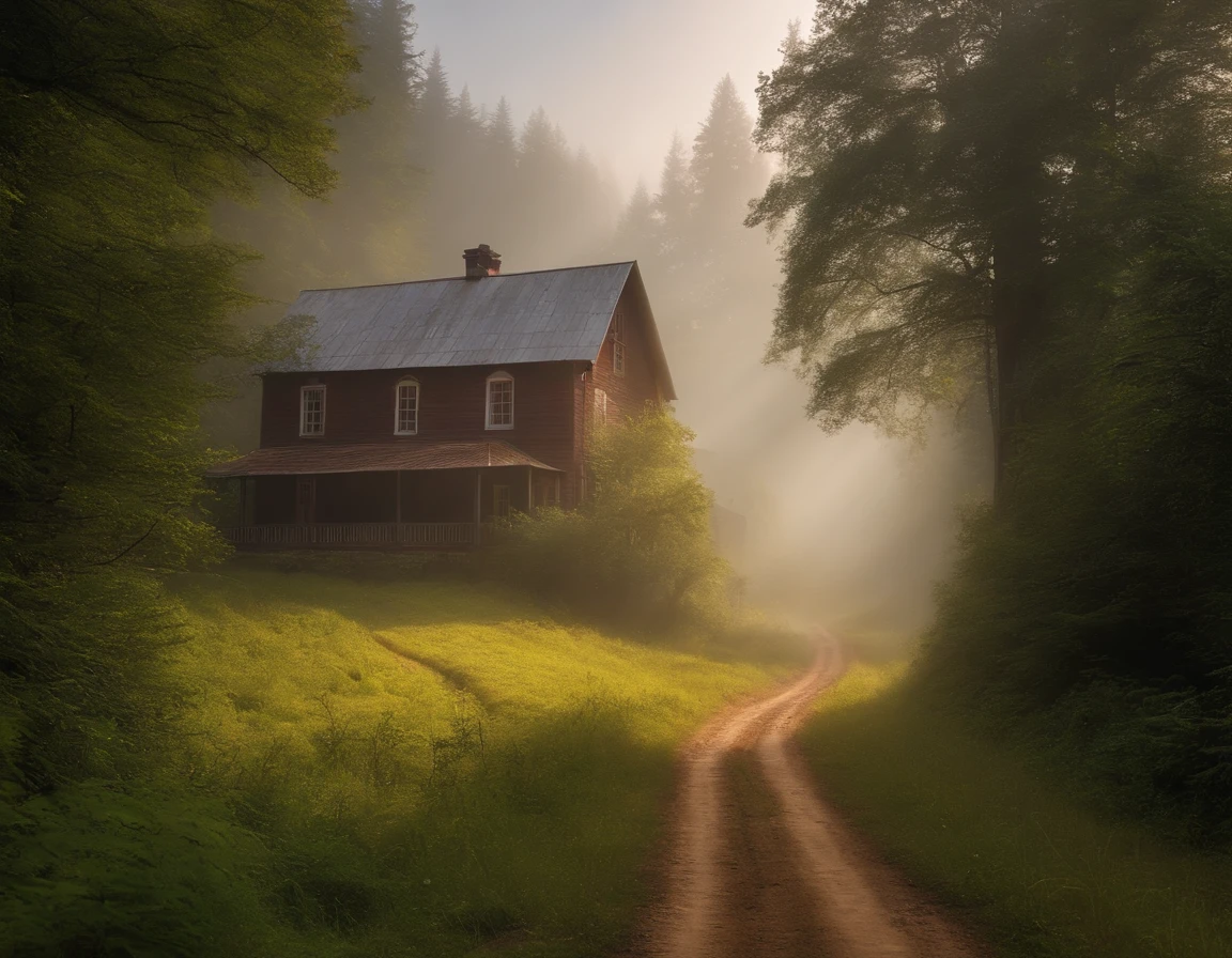 farm house in vast hills, fog, sun rays, dirt path through dense forest