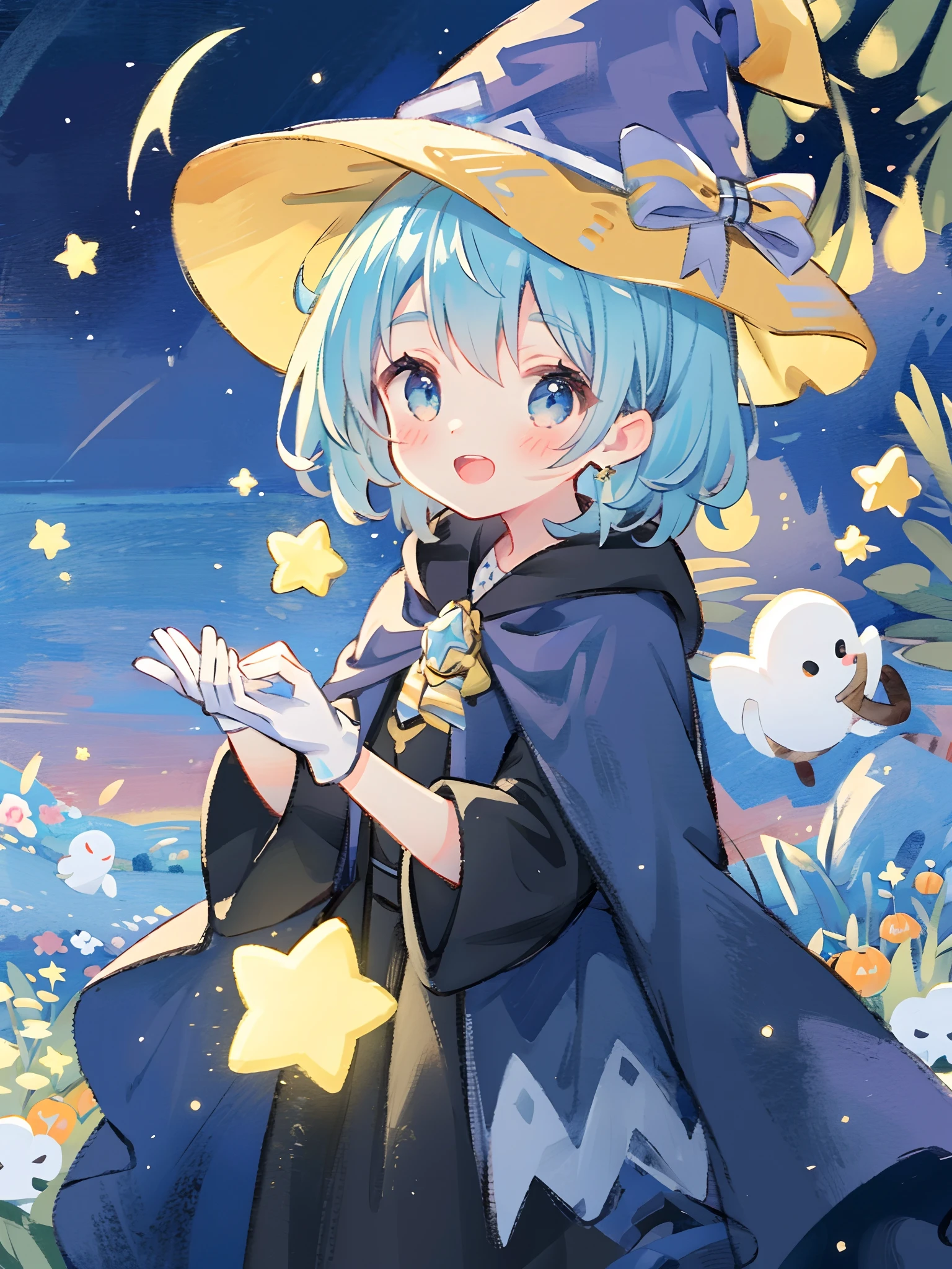 ((masterpiece:1.2, best quality)), 1girl, solo, (witch hat), a close up of a girl with curl hair, short hair, dress, aurora, night, star (sky), gloves, sky, dress, night sky, open mouth, starry sky, light blue eyes, ribbons, smile, cape, blue hair, magic, casting spell, night, (impressionism:1.4), alphonse mucha, Halloween colors, colorful candy