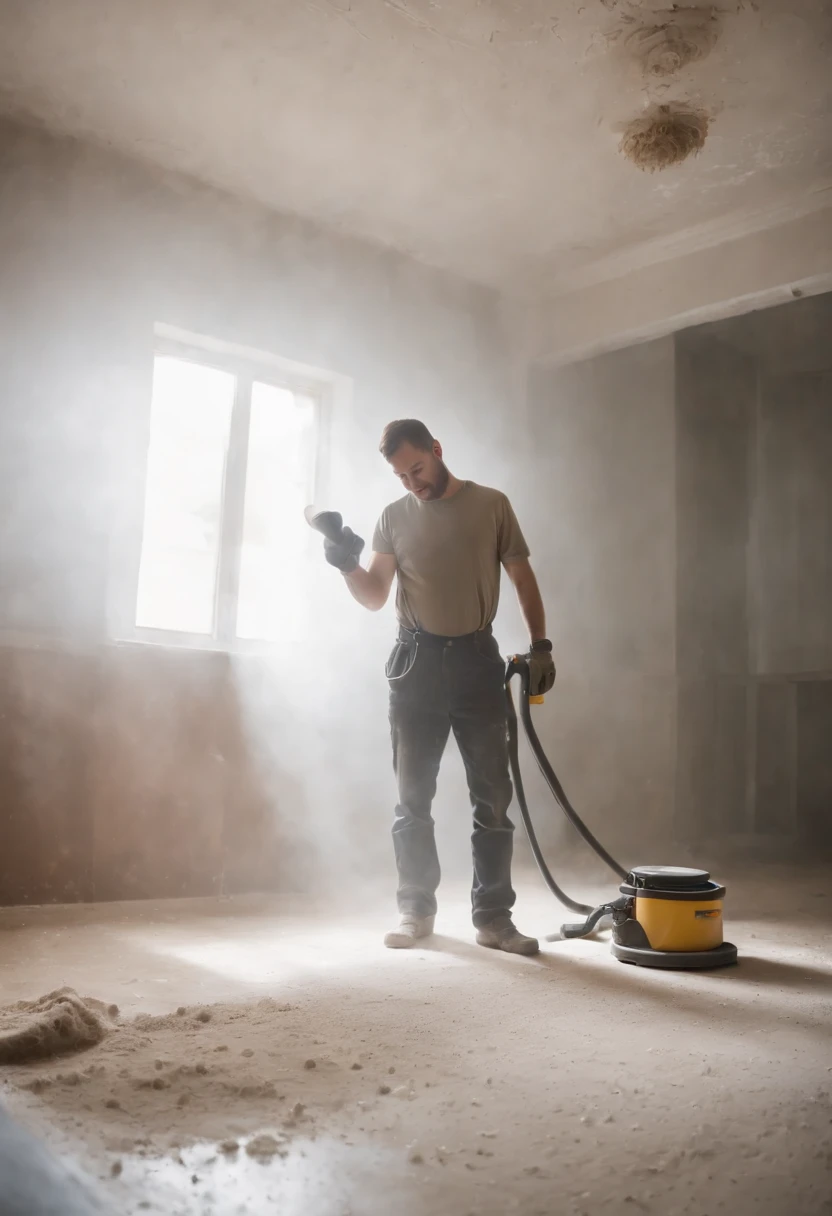 A Drywaller sanding ceilings getting covered in dust