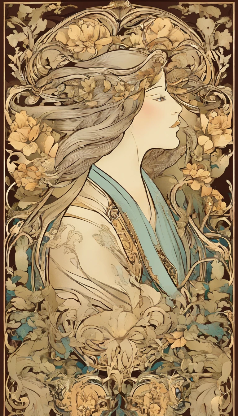 [Alphonse Mucha CCDHT Art Nouveau style, a full-body portrait of a female character, detailed facial features, emphasis on hair and eyes, beautiful clothing and jewelry, elegant and graceful pose, soft and natural lighting, artistic and dreamy background]