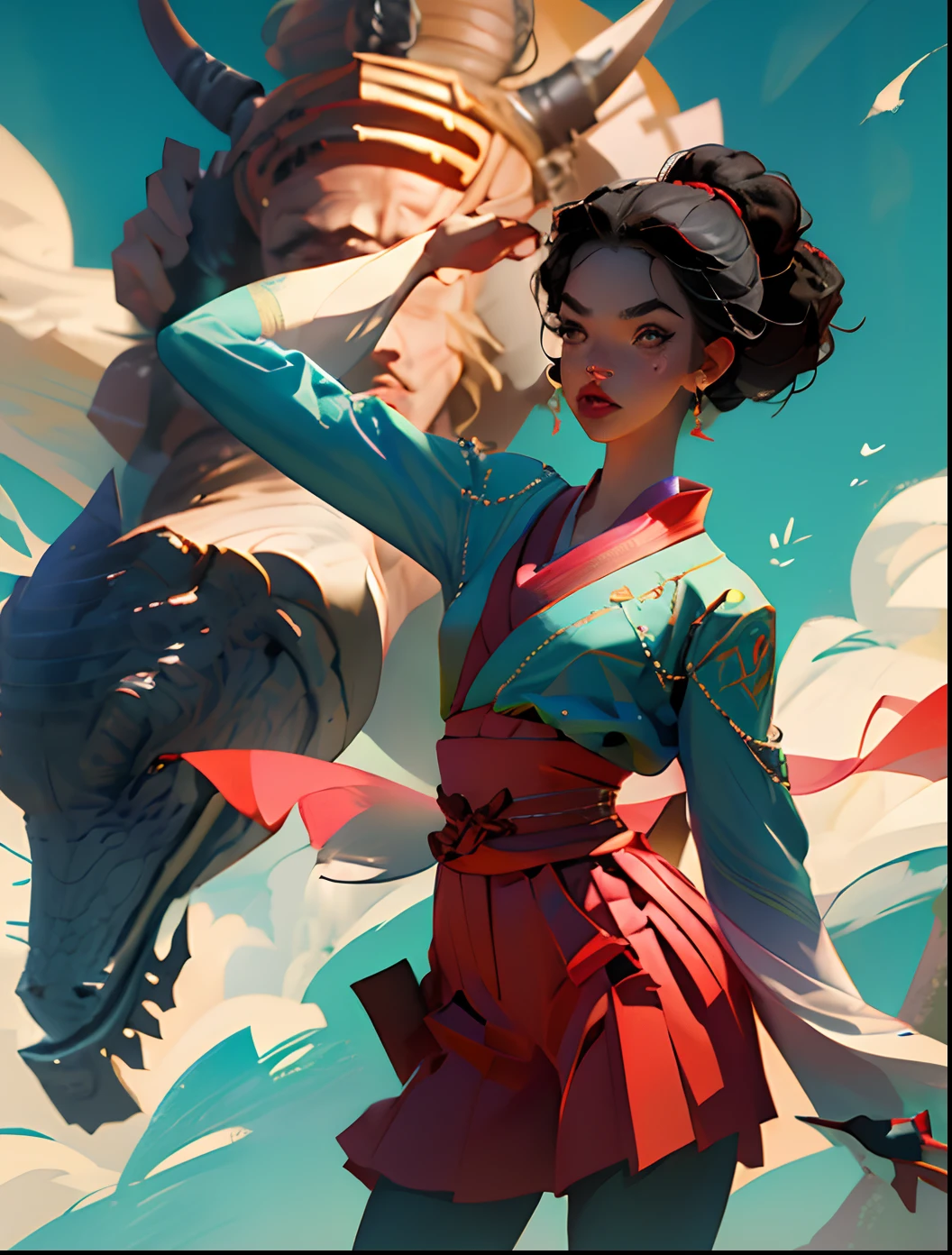Make a samurai, com barba e tatuagens pelo corpo, em estilo Cartoon parceiro com a Disney