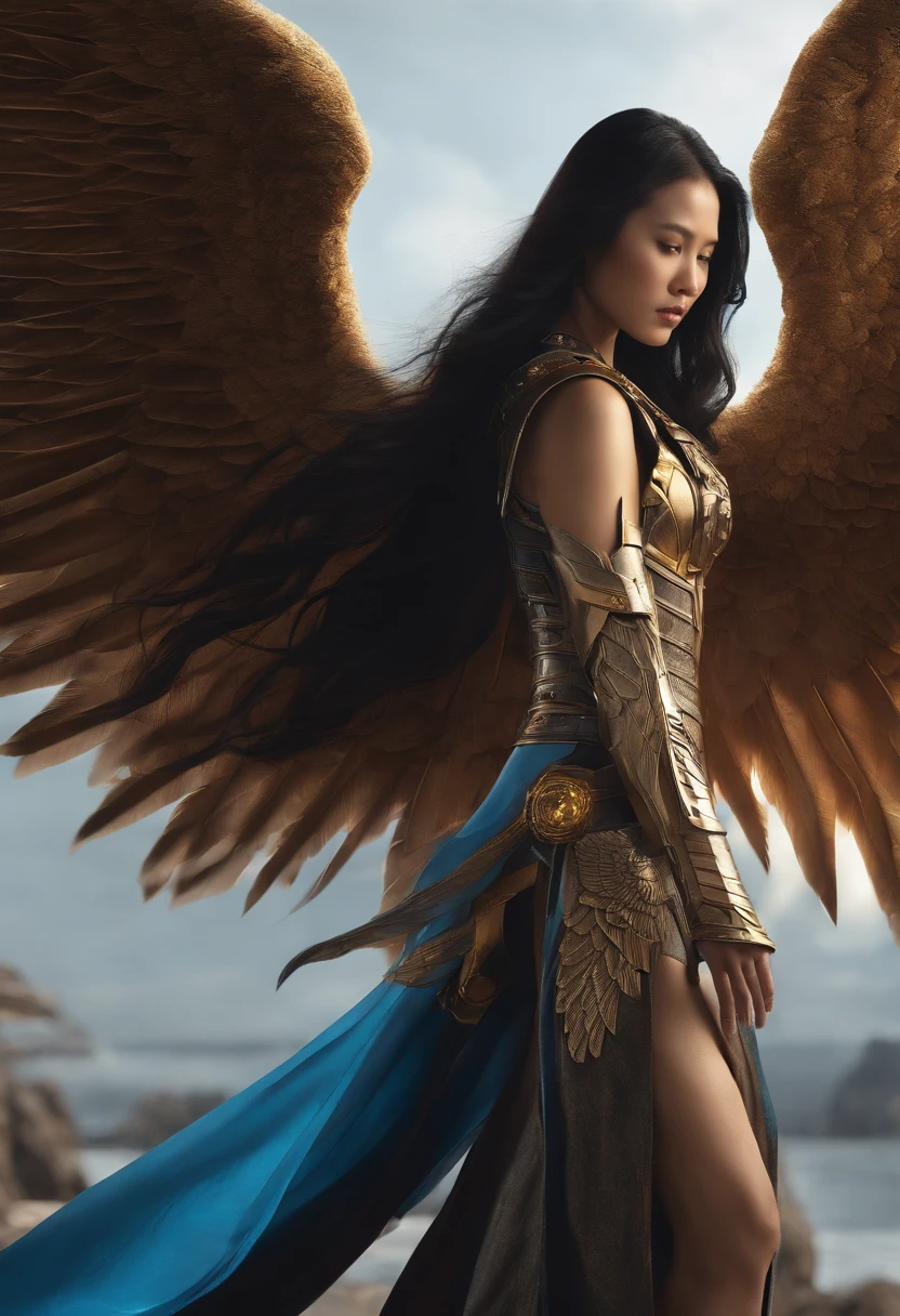 a beautiful Asian woman, with long hair, she has a cybernetic cannon on her right arm and two huge wings on her back, like the Archangel from the X-Men, she is standing in profile