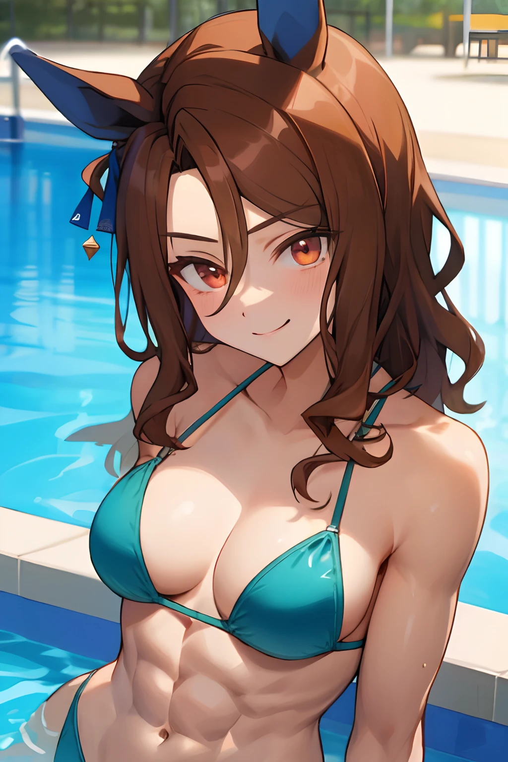 king halo \(umamusume\), (ultra-detailed face), upper body, masterpiece, best quality, muscular girl, abs, bikini, , horse tail, pool, light smile, detailed clear eyes, frontage