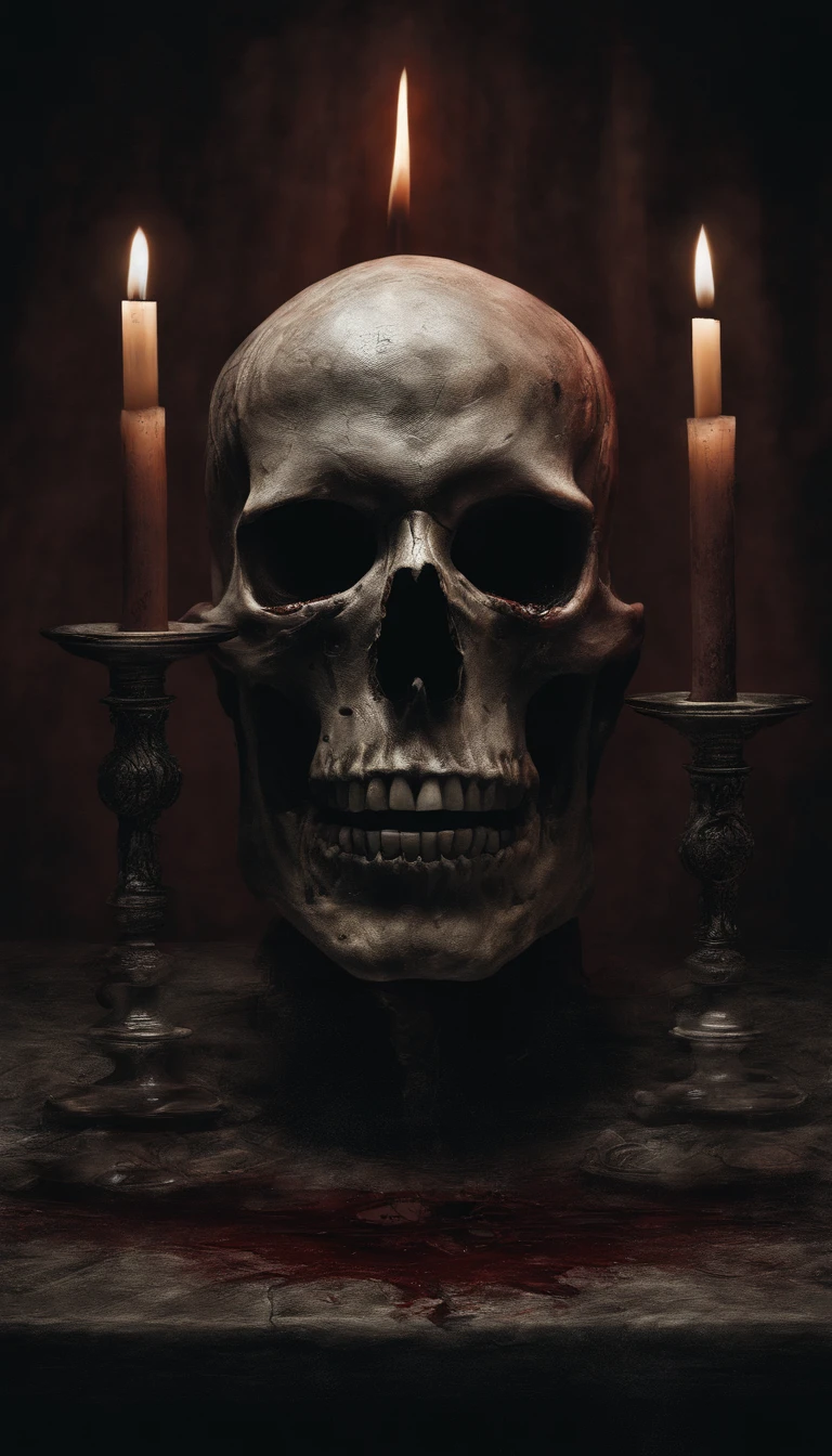 Create an old school style illustration featuring a skull surrounded by demons, candles, and flames. The scene should be set against a black background, emphasizing a sinister atmosphere with detailed linework and shading to evoke a sense of darkness and occult mystique. Do it more old school style