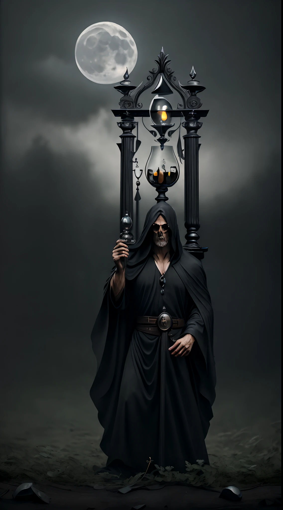 (masterpiece Grim reaper holding an hourglass, looking to the camera: 1.2), (Moonlight atmosphere: 1.5)), (best quality, ultra detailed, photorealistic: 1.37), [[Grim reaper spotlight: 1.9)), Background abandoned medieval church 1.5]] masterpiece, high quality, high definition, super detailed, captured with Hasselblad X1D II 50c Hasselblad XCD 200-600mm F/5.6-6.3 OSS, (Natural Light, Hyperrealist Photography, High contrast, defined blacks, silk, HDR.