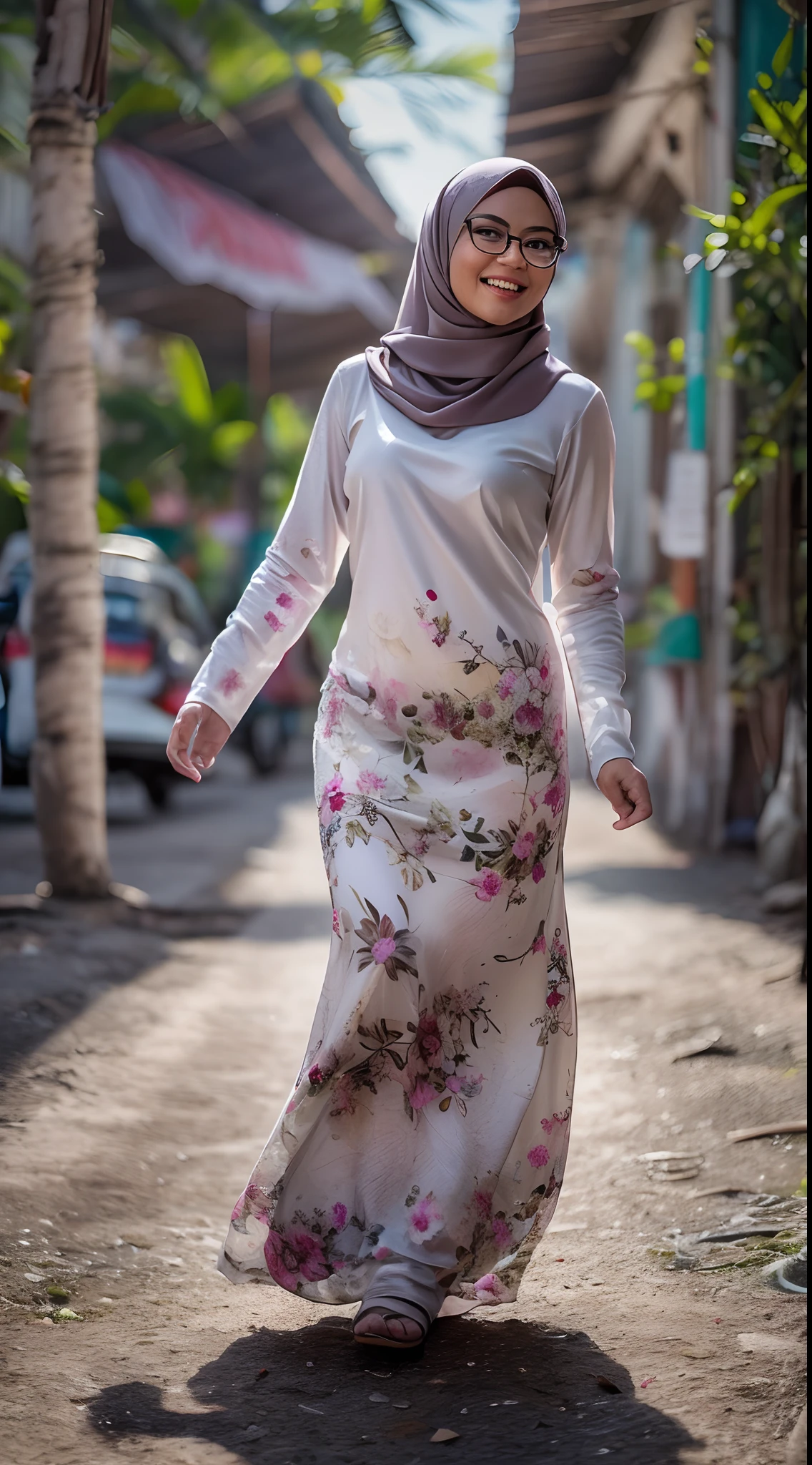 1 malay woman in hijab,((wear tight white baju kurung with small floral pattern)),wear glasses, (big buttocks), big round ass, Small chest, laughing smile, (hijab flying), de pele branca,big breasts thin waist, mexico-style street, Hyper-Realism, Cinematic lighting, depth of fields, From back below, vanishing point, F/2.8,  Anatomically correct, Textured skin, Super Detail, awardwinning, Best Quality, hight resolution,