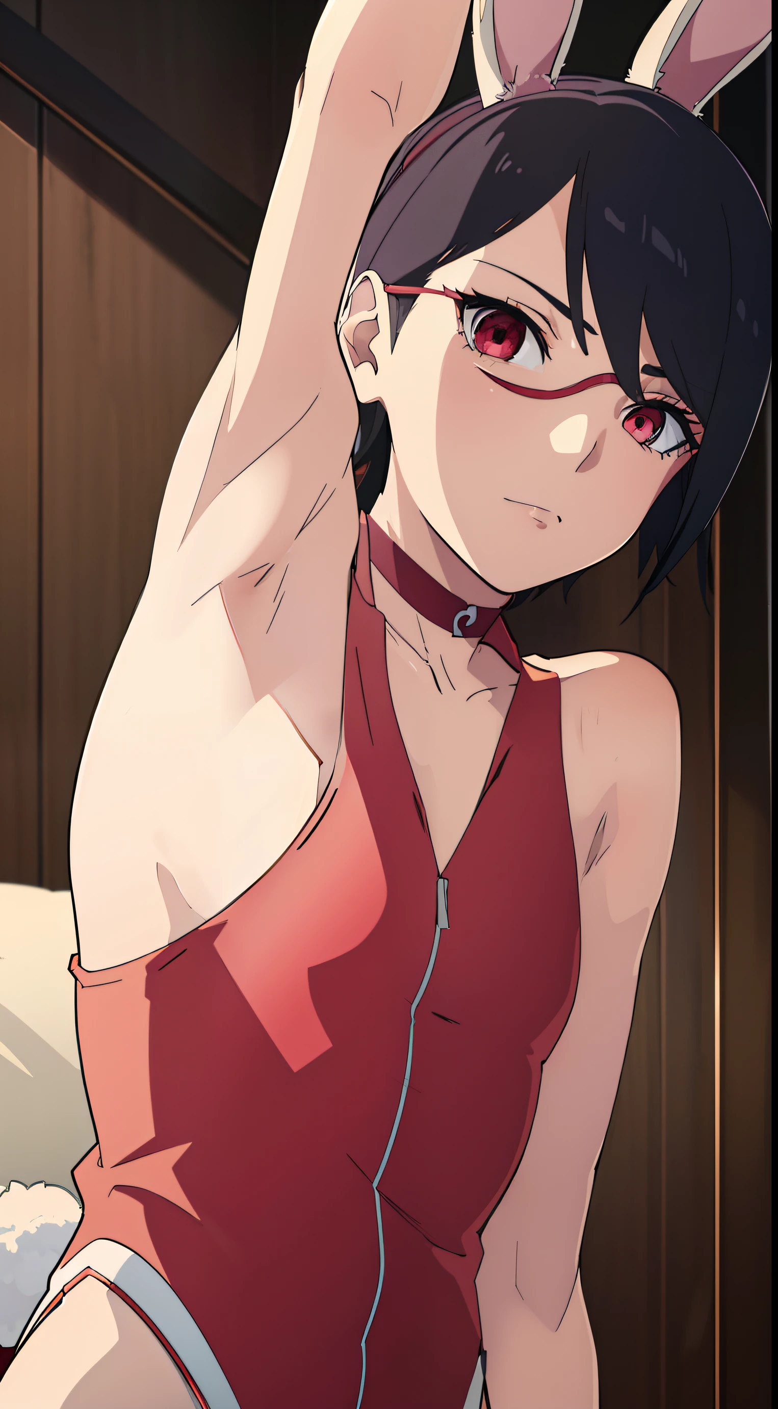 Sarada Uchiha, short black hair, red eyes, glasses, detailed face, perfect face, highly detailed eyes, masterpiece, absurdres , (intricate details), (colorful),cinematic lighting,extremely detailed CG unity 8k wallpaper , 1girl, solo,mature female, wet body, erected tits, sports bra, locker room, ((she is having sex with man on a bench))((( real sex)))(((vagina penetration)))(((perfect detailed penis penetrating vagina))) from behind(((man is fucking her pussy in doggy position)))