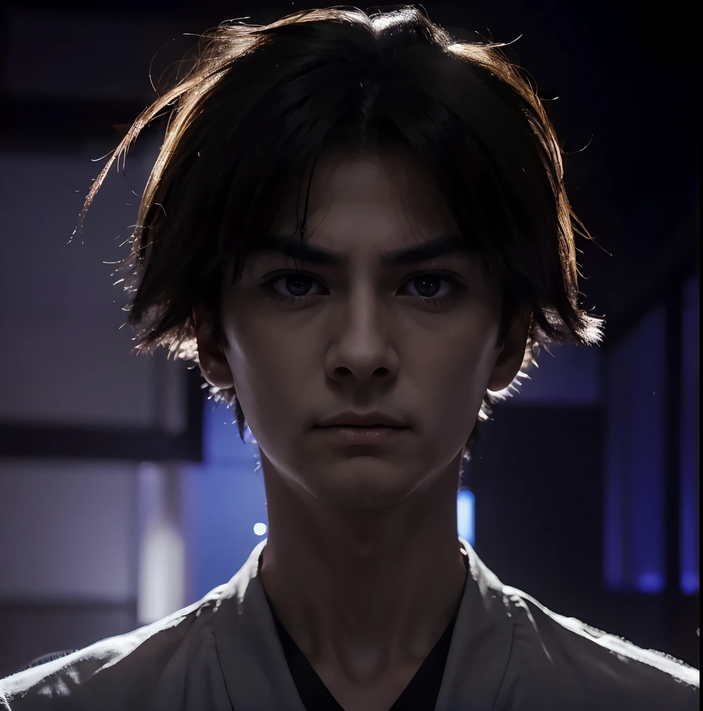 masterpiece, masterpiece, masterpiece, high quality, 1 boy, solo, male focus, dark yellow eyes, black light, from above, adult, 27 years old, dashing, dramatic expression, extreme expression, scary expression, expression dark, bottom view, intimidation, pressure, caution, kiyotaka Ayanokoji