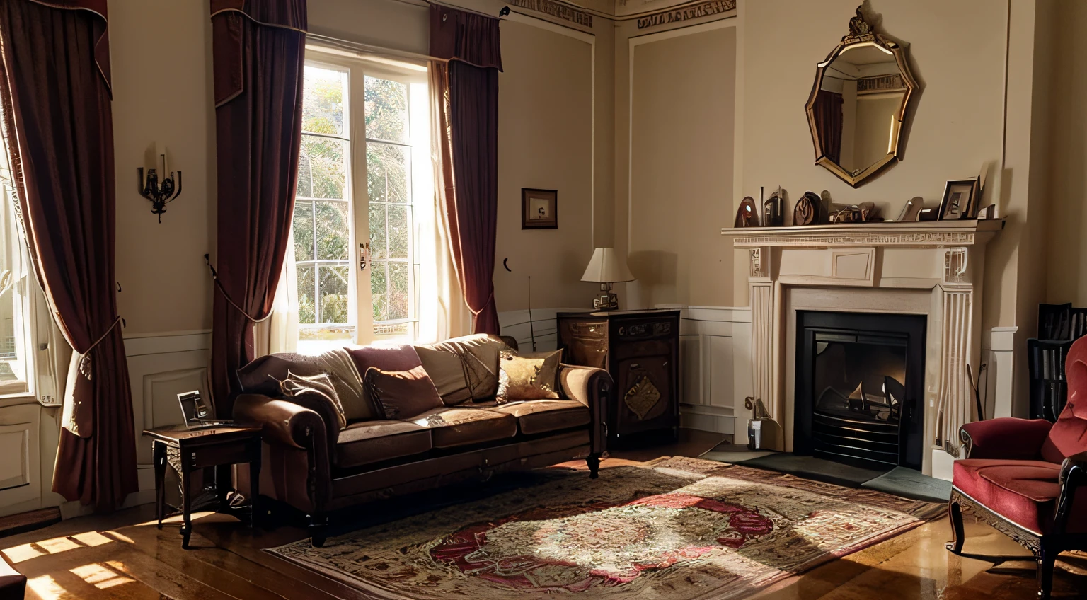 Create an image of Emily's living room with Victorian furniture, stained glass windows, and heavy red velvet curtains. The room is bathed in the soft afternoon sunlight from the colorful windows. A Persian rug covers the floor, and a lit fireplace casts a warm, amber light. The atmosphere is a mix of elegance and mystery, serving as a backdrop for the unfolding supernatural events in Emily's story.