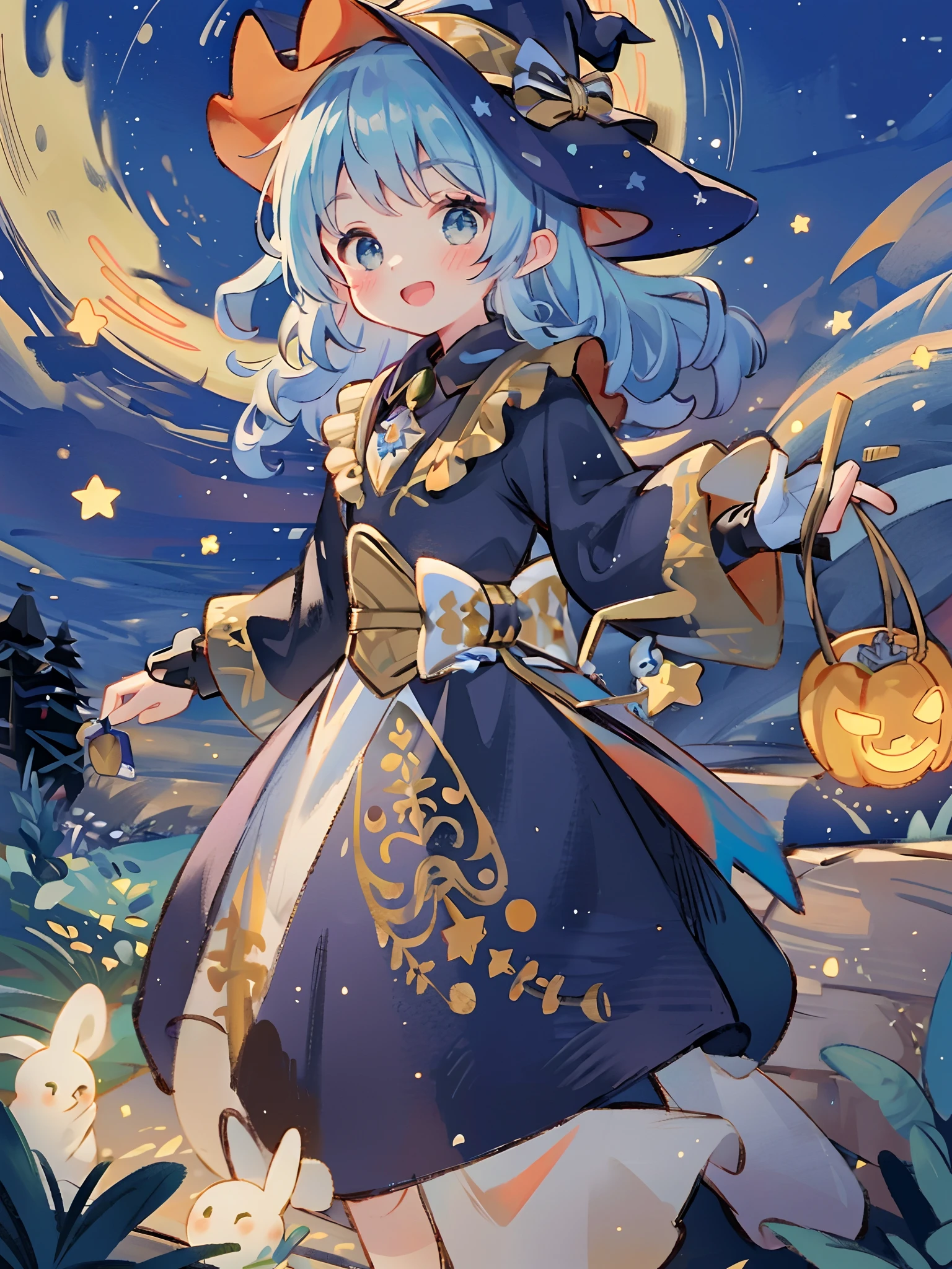 ((masterpiece:1.2, best quality)), 1girl, solo, (witch hat), a close up of a girl with curly hair, dress, aurora, night, star (sky), gloves, sky, dress, night sky, open mouth, starry sky, light blue eyes, ribbons, smile, cape, blue hair, magic, casting spell, night, (impressionism:1.4), alphonse mucha, Halloween colors, colorful candy