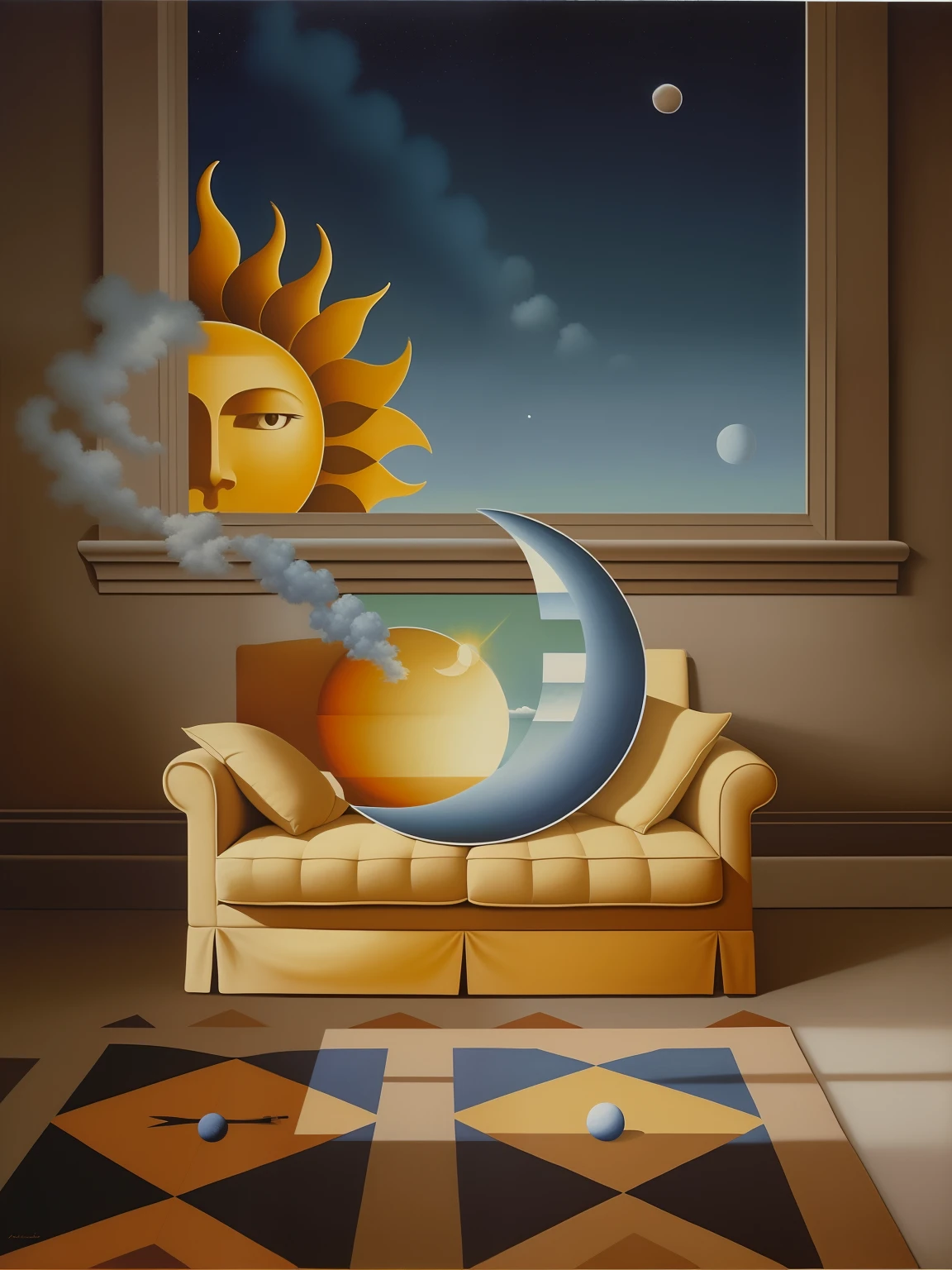 Painting a sofa with sun and moon on it, Directed by: Rafal Olbinski, Directed by: Lee Madgwick, inspirado em Rafal Olbinski, surreal oil painting, Directed by: Alexander Kucharsky, surreal oil on canvas, van allsburg |, magic realism painting, Directed by: Vladimir Kush, Rene Magritte. circunstanciado, Painting of a dreamlike landscape