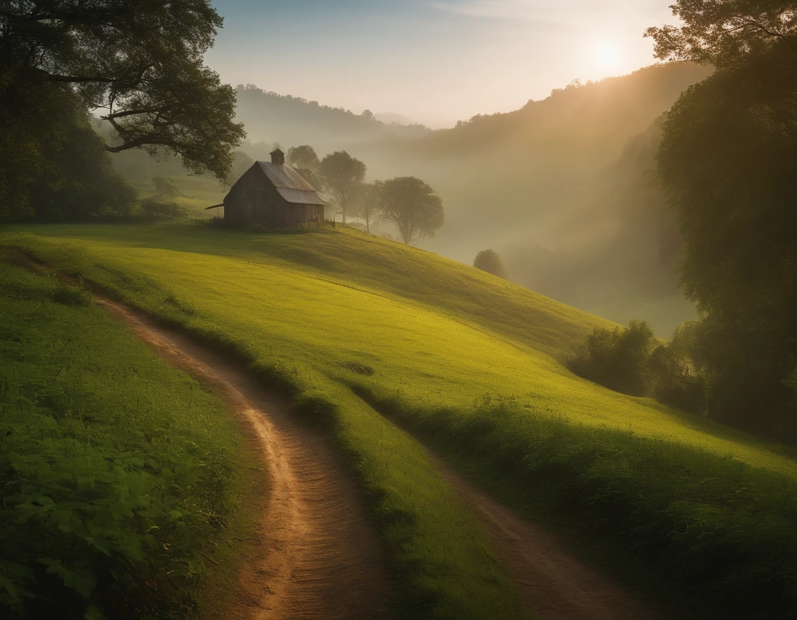 Distant farm house in lush beautiful hills, fog, sun rays, dirt path through dense forest foreground 35mm