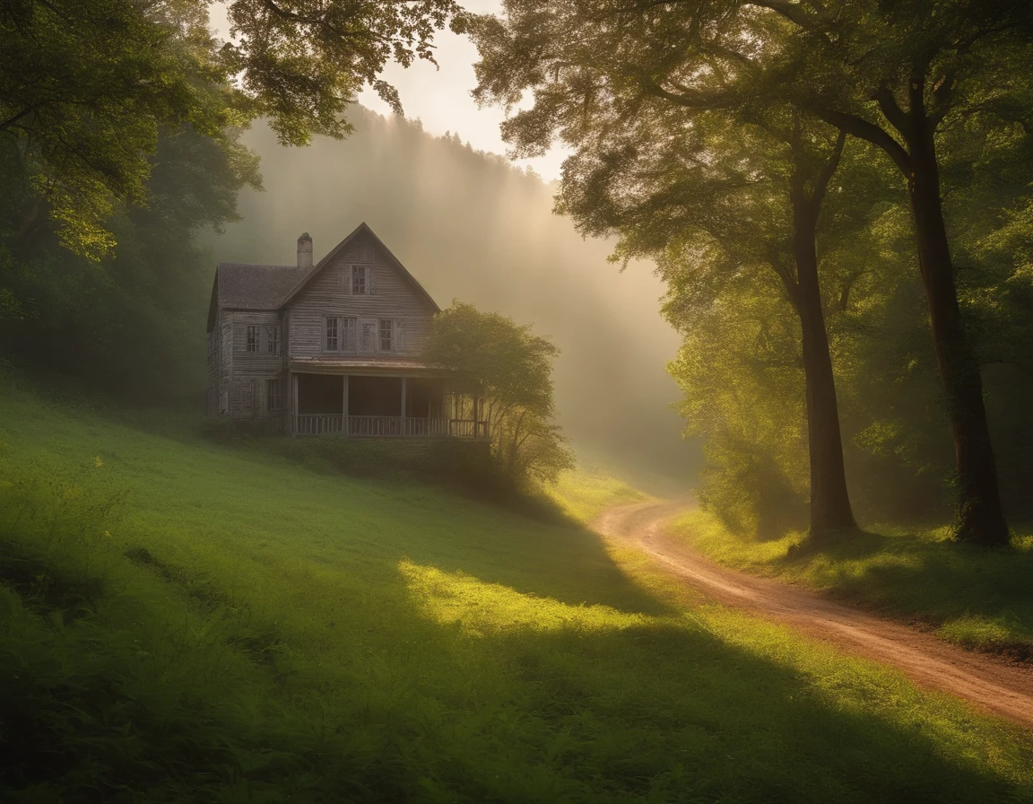 Distant farm house in lush beautiful hills, fog, sun rays, dirt path through dense forest foreground 35mm