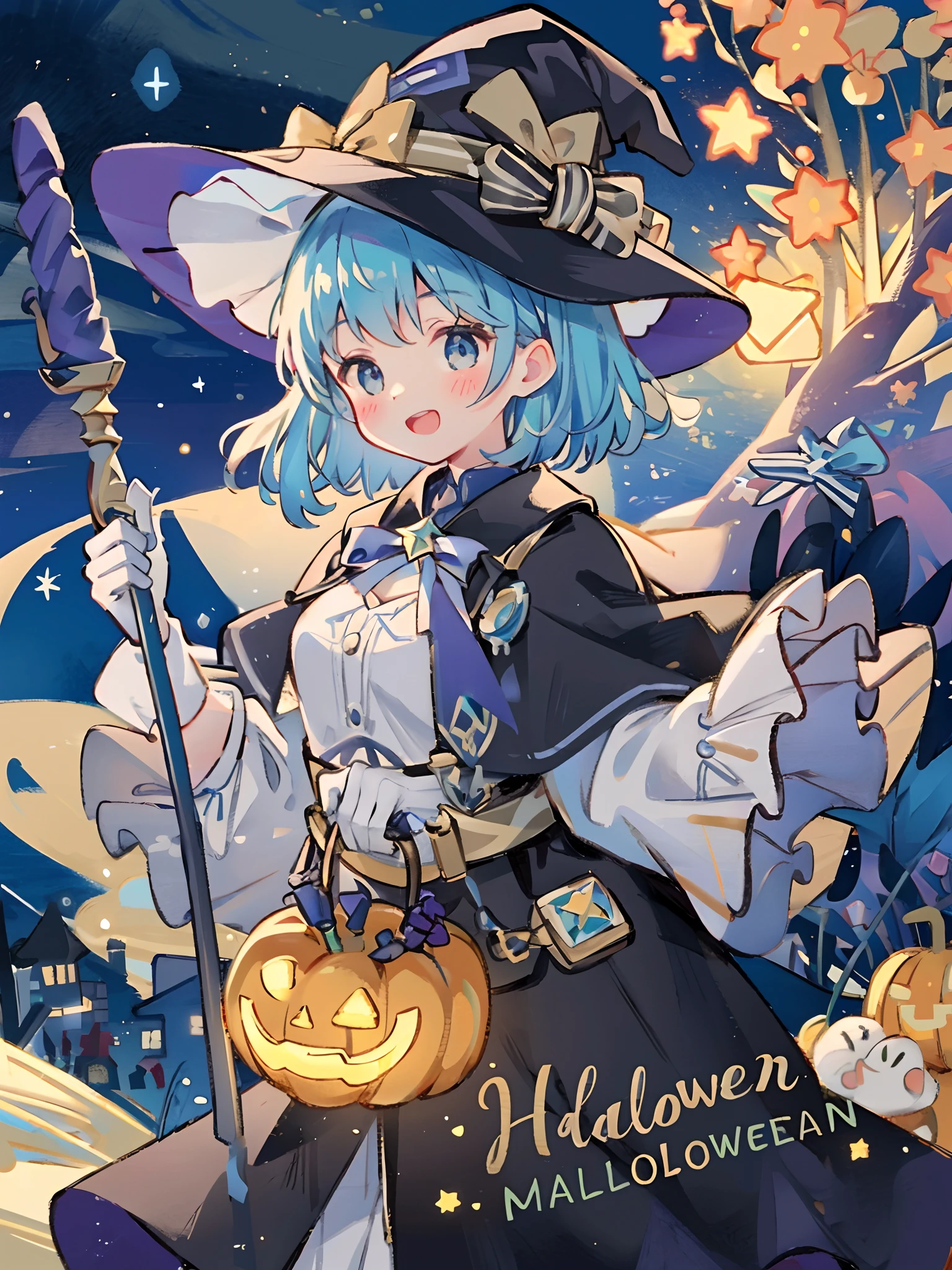 ((masterpiece:1.2, best quality)), 1girl, solo, (witch hat), a close up of a girl with curl hair, short hair, dress, aurora, night, star (sky), gloves, sky, dress, night sky, open mouth, starry sky, light blue eyes, ribbons, smile, cape, blue hair, magic, casting spell, night, (impressionism:1.4), alphonse mucha, Halloween colors, colorful candy