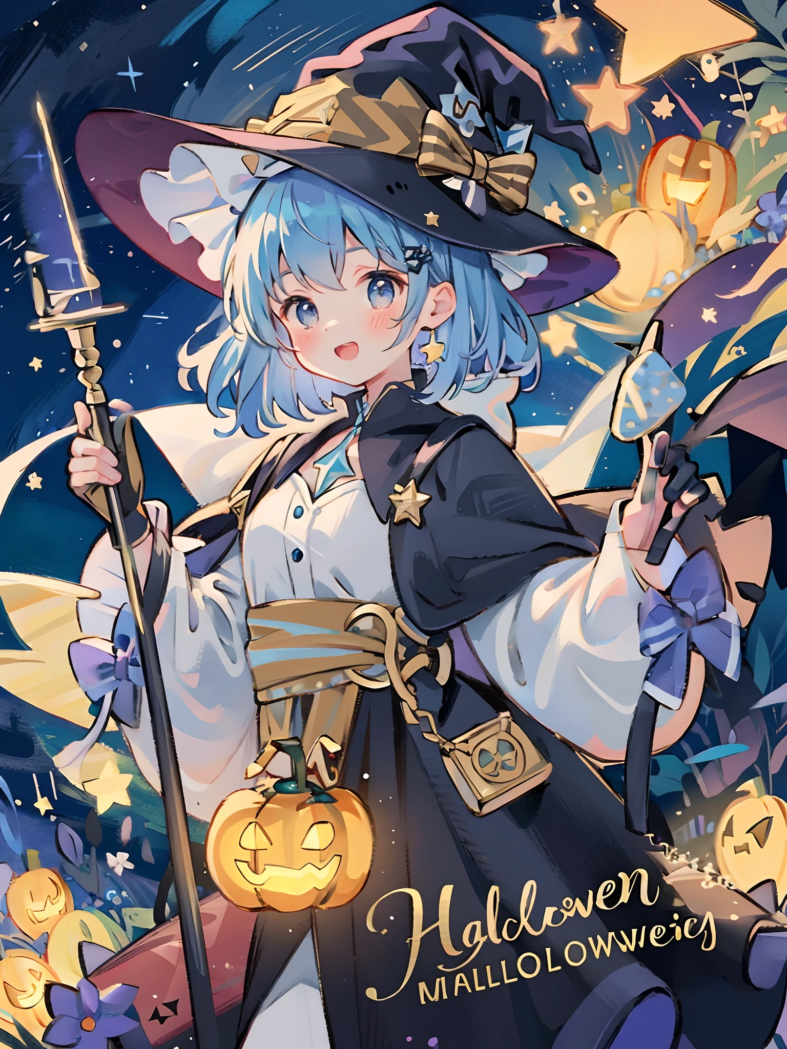 ((masterpiece:1.2, best quality)), 1girl, solo, (witch hat), a close up of a girl with curl hair, short hair, dress, aurora, night, star (sky), gloves, sky, dress, night sky, open mouth, starry sky, light blue eyes, ribbons, smile, cape, blue hair, magic, casting spell, night, (impressionism:1.4), alphonse mucha, Halloween colors, colorful candy