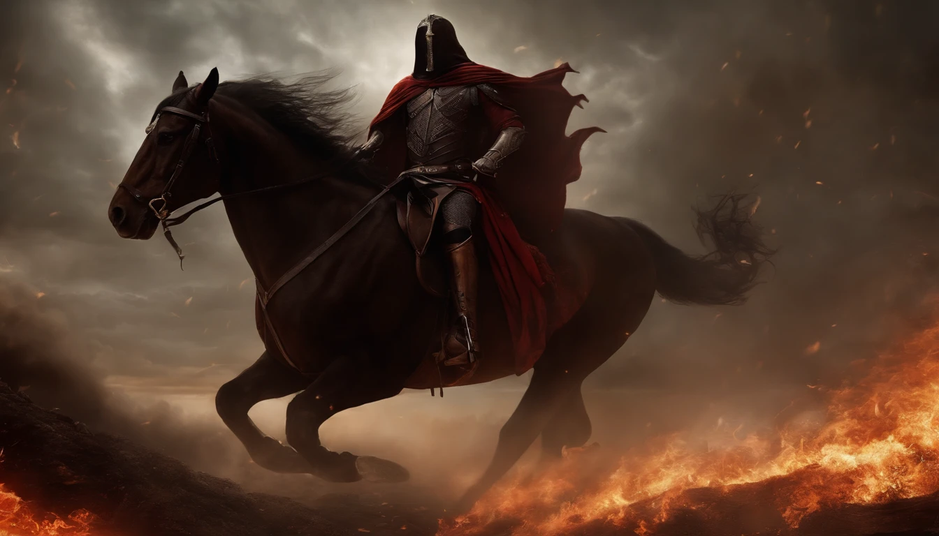 (best quality,4k,8k,highres,masterpiece:1.2),ultra-detailed,(realistic,photorealistic,photo-realistic:1.37),action-packed,apocalyptic,cinematic,dramatic,otherworldly,chaotic,destruction,epic,fear-inducing,ominous,dark
The opening of each seal begins with a blinding light, followed by a deafening sound that shakes the Earth to its core. The sky turns blood-red as the Four Horsemen descend from the heavens in a wrathful fury. Each of them embodies a different force of destruction and chaos.
The first horseman, riding a white horse, represents conquest. He is a formidable figure, dressed in brilliant armor, his eyes gleaming with an otherworldly glow. With a single swing of his sword, he unleashes a wave of destruction, toppling cities and reducing them to rubble.
As the second seal is broken, a fiery red horse charges forth. Its rider, draped in a cloak of flames, spreads fear and violence wherever he goes. His eyes blaze with an intense fury, and his weapon, a double-edged sword, leaves a trail of devastation in its wake. Flames consume everything in their path, turning the world into a burning inferno.
When the third seal is opened, a black horse emerges, symbolizing famine. Its rider, gaunt and skeletal, carries a pair of scales, representing the scarcity of resources. The air becomes filled with a suffocating darkness, and crops wither away, leaving the land barren and desolate. Hunger and despair grip the world, pushing humanity to the brink of extinction.
Finally, with the breaking of the fourth seal, a pale horse rides through. Its rider, shrouded in a cloak of death, brings forth pestilence and disease. His eyes are hollow and lifeless, and his touch spreads a contagious, incurable sickness. The air becomes thick with a toxic miasma, and people fall to the ground, writhing in agony. The world descends into chaos as bodies pile up, and the stench of death hangs heavy in the air.
As the Four Horsemen unleash their cataclysmic power, the world trembles under
