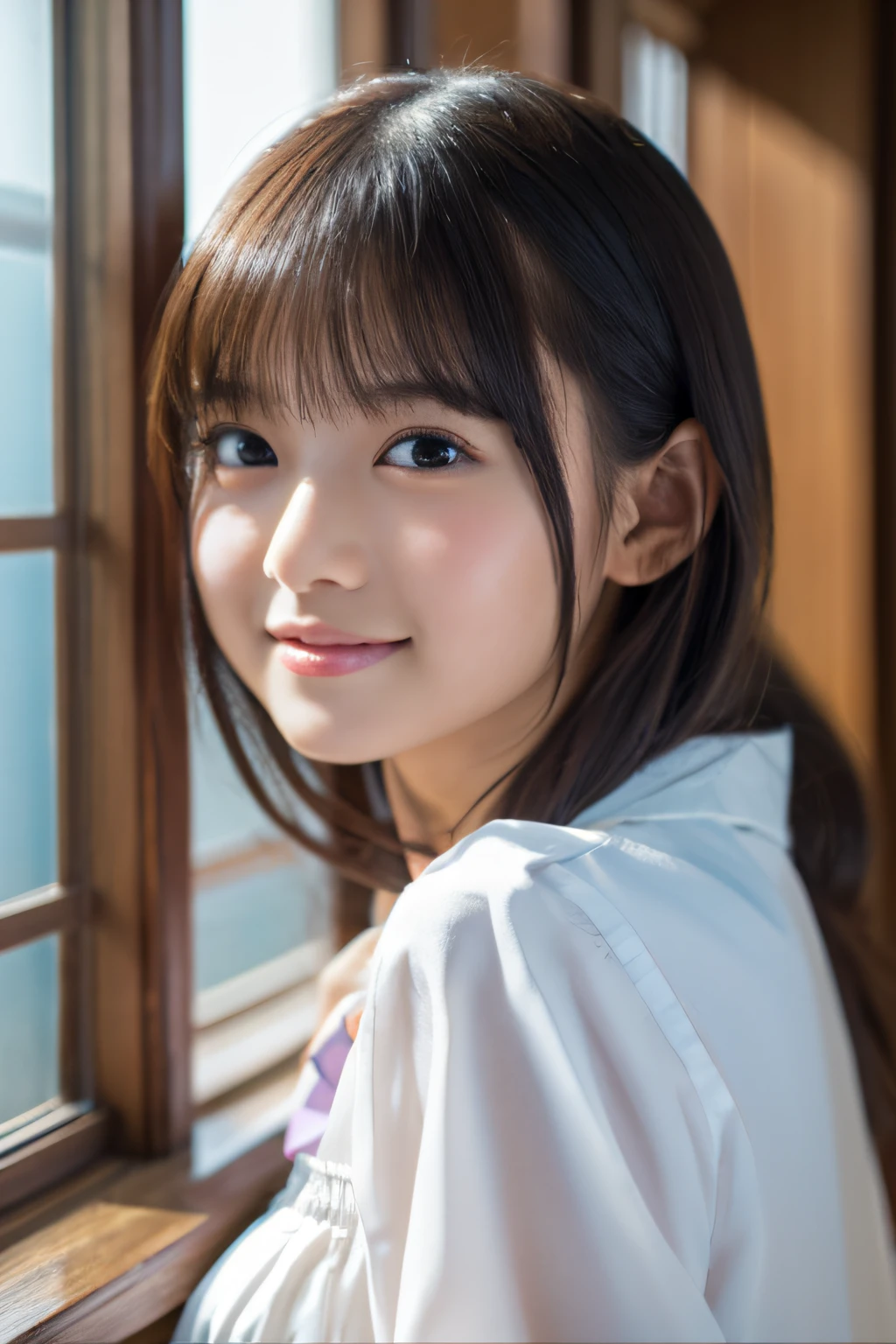 masutepiece, Best Quality, 8K, hi-school girl、White blouse、a beauty girl、Idol face、、A smile、In the classroom of the Japan、portlate、high-detail、Background blur、D Cup Breasts、short-cut、masterpiece, The ultra-detailliert, 超A high resolution, Detailed RAW color photos, extremely delicate and beautiful, ighly detailed, 8k wallpaper, astonishing, detaileds, extremely detailed eye, highlydetailed skin, extremely detailed fingers, highly detailed nose, highly detail mouth, perfect anatomia,
