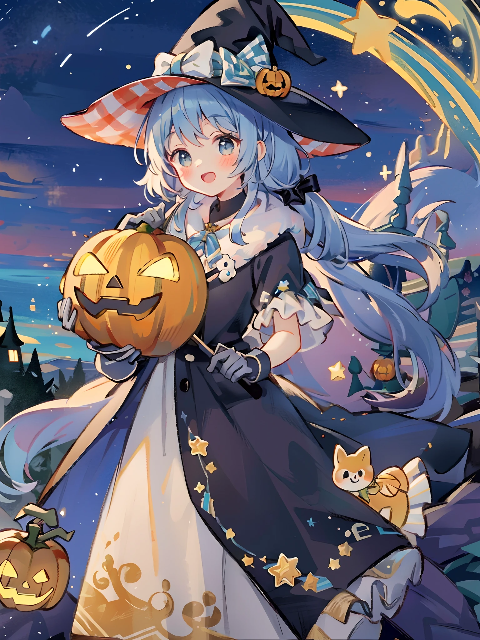 ((masterpiece:1.2, best quality)), 1girl, solo, (witch hat), a close up of a girl with curly hair, dress, aurora, night, star (sky), gloves, sky, dress, night sky, open mouth, starry sky, light blue eyes, ribbons, smile, cape, colorful hair, magic, casting spell, night, (impressionism:1.4), alphonse mucha, Halloween colors, colorful candy, magical lights, pumpkins, candies