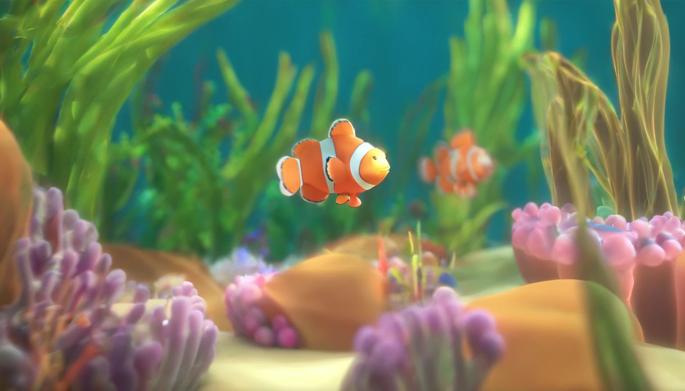 Create illustrations for children's books for children over 4 years old。Create an underwater world atmosphere scene with a cartoon very cute clownfish。This clownfish hides in a beautiful coral patch at the bottom of the sea，This patch of coral has a lovely shipwreck on its surface。 --auto --s2