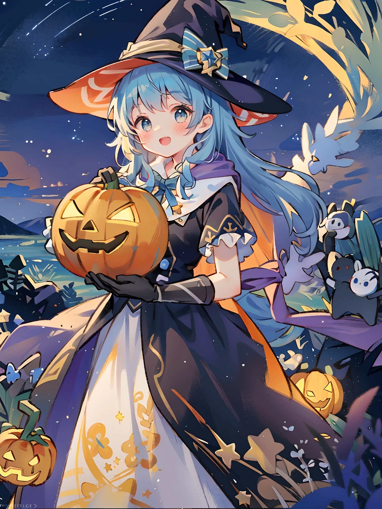 ((masterpiece:1.2, best quality)), 1girl, solo, (witch hat), a close up of a girl with curly hair, dress, aurora, night, star (sky), gloves, sky, dress, night sky, open mouth, starry sky, light blue eyes, ribbons, smile, cape, colorful hair, magic, casting spell, night, (impressionism:1.4), alphonse mucha, Halloween colors, colorful candy, magical lights, pumpkins, candies