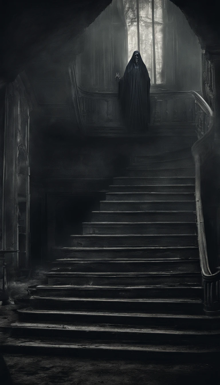 PALE SPECTRE WITH A SHAGGY HEAD OF HAIR,ON THE STAIRS INSIDE THE MANSION