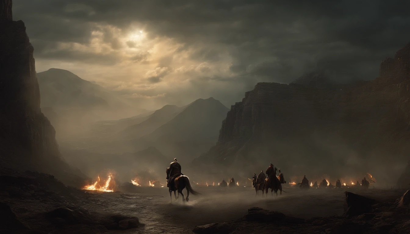 (best quality,4k,8k,highres,masterpiece:1.2),ultra-detailed,(realistic,photorealistic,photo-realistic:1.37),action-packed,apocalyptic,cinematic,dramatic,otherworldly,chaotic,destruction,epic,fear-inducing,ominous,dark
The opening of each seal begins with a blinding light, followed by a deafening sound that shakes the Earth to its core. The sky turns blood-red as the Four Horsemen descend from the heavens in a wrathful fury. Each of them embodies a different force of destruction and chaos.
The first horseman, riding a white horse, represents conquest. He is a formidable figure, dressed in brilliant armor, his eyes gleaming with an otherworldly glow. With a single swing of his sword, he unleashes a wave of destruction, toppling cities and reducing them to rubble.
As the second seal is broken, a fiery red horse charges forth. Its rider, draped in a cloak of flames, spreads fear and violence wherever he goes. His eyes blaze with an intense fury, and his weapon, a double-edged sword, leaves a trail of devastation in its wake. Flames consume everything in their path, turning the world into a burning inferno.
When the third seal is opened, a black horse emerges, symbolizing famine. Its rider, gaunt and skeletal, carries a pair of scales, representing the scarcity of resources. The air becomes filled with a suffocating darkness, and crops wither away, leaving the land barren and desolate. Hunger and despair grip the world, pushing humanity to the brink of extinction.
Finally, with the breaking of the fourth seal, a pale horse rides through. Its rider, shrouded in a cloak of death, brings forth pestilence and disease. His eyes are hollow and lifeless, and his touch spreads a contagious, incurable sickness. The air becomes thick with a toxic miasma, and people fall to the ground, writhing in agony. The world descends into chaos as bodies pile up, and the stench of death hangs heavy in the air.
As the Four Horsemen unleash their cataclysmic power, the world trembles under