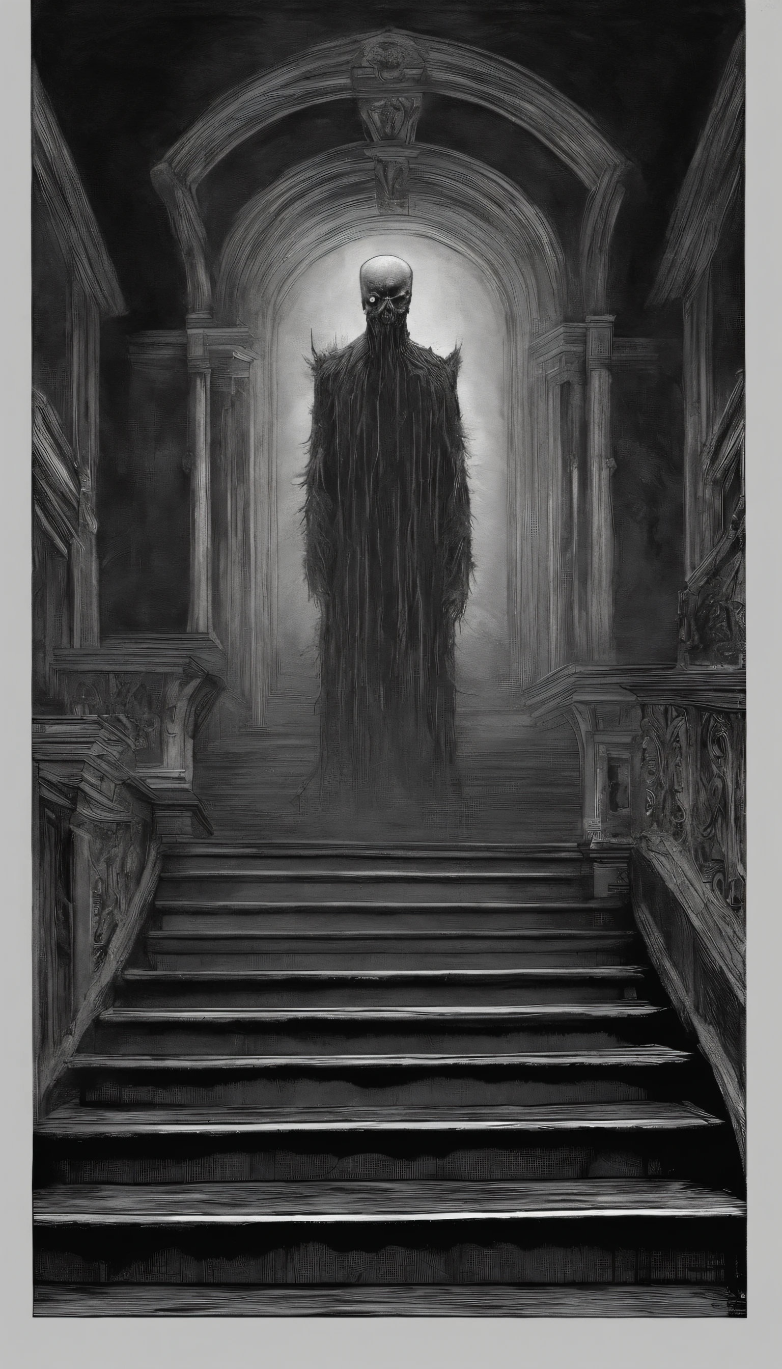 PALE SPECTRE WITH A SHAGGY HEAD OF HAIR,ON THE STAIRS INSIDE THE MANSION