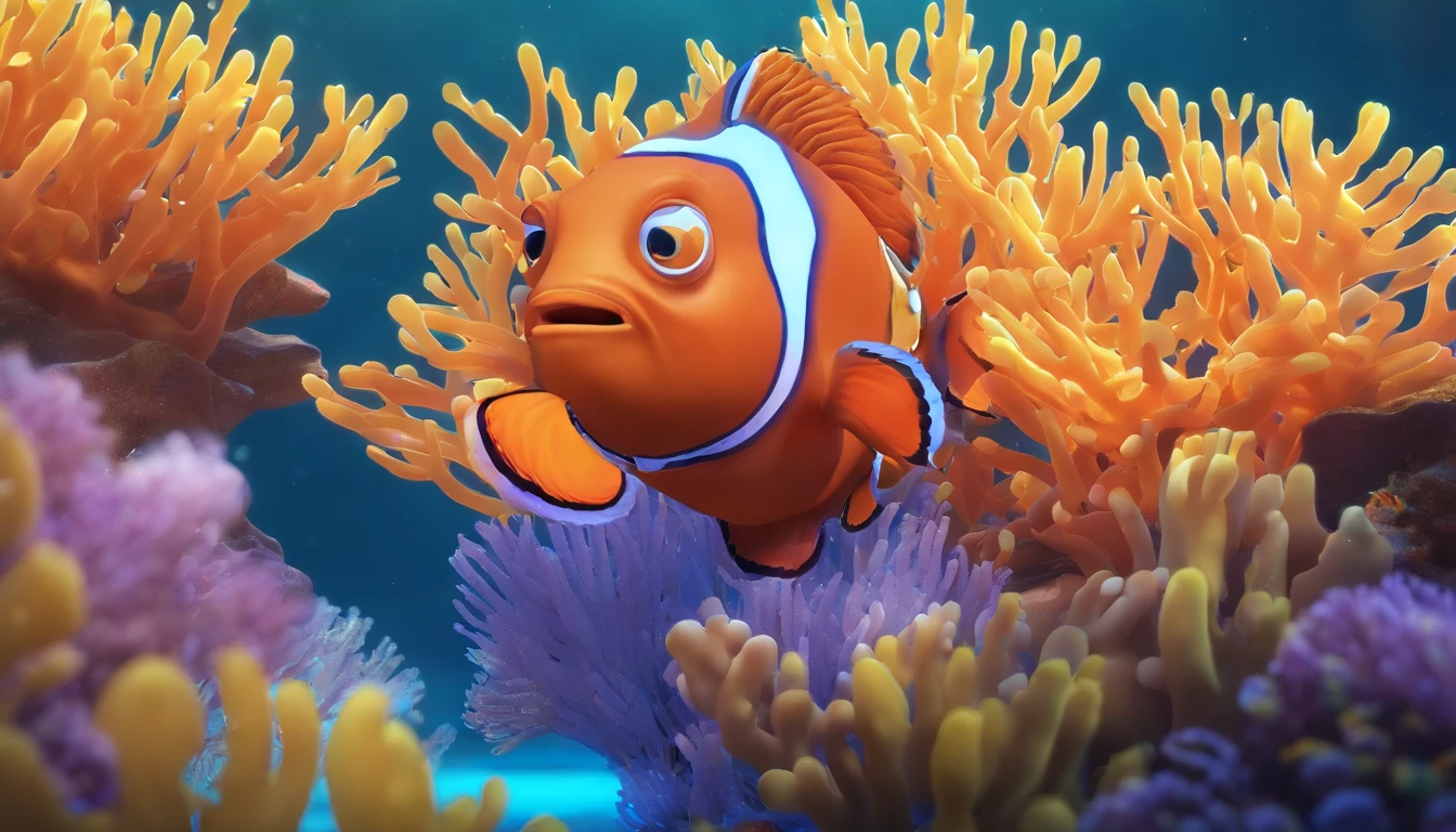 Create illustrations for children's books over 4 years old。Very cute clownfish create an atmospheric scene of the underwater world at night。This clownfish hides in beautiful coral patches on the seabed，The surface of this coral has a lovely shipwreck。
