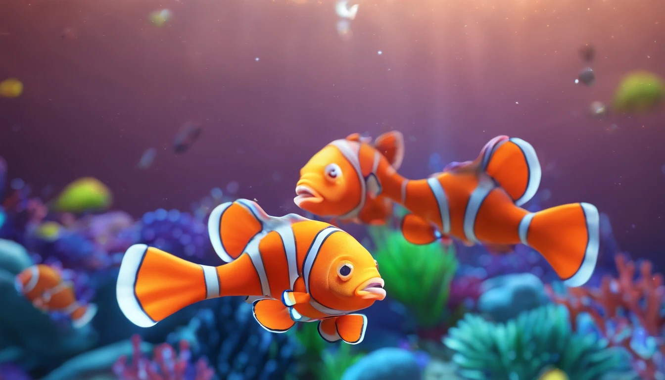 Create illustrations for children's books over 4 years old。Very cute clownfish create an atmospheric scene of the underwater world at night。This clownfish hides in beautiful coral patches on the seabed,The surface of this coral has a lovely shipwreck。