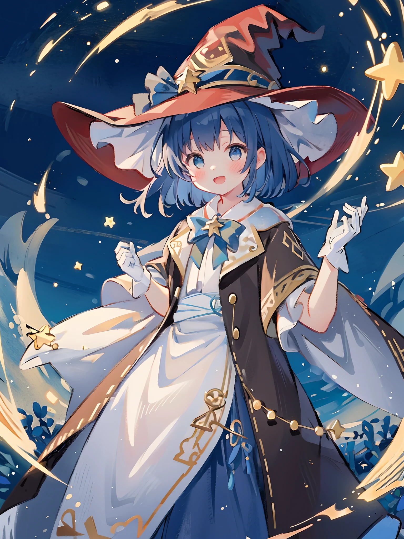 ((masterpiece:1.2, best quality)), 1girl, solo, (witch hat), a close up of a girl with short blue hair, short hair, dress, aurora, night, star (sky), gloves, sky, white dress, night sky, open mouth, starry sky, light blue eyes, ribbon, very shorthair, red dress, smile, hair ribbon, cape, blue hair, (bird), magic, casting spell, dark clouds, night, (impressionism:1.4), alphonse mucha,