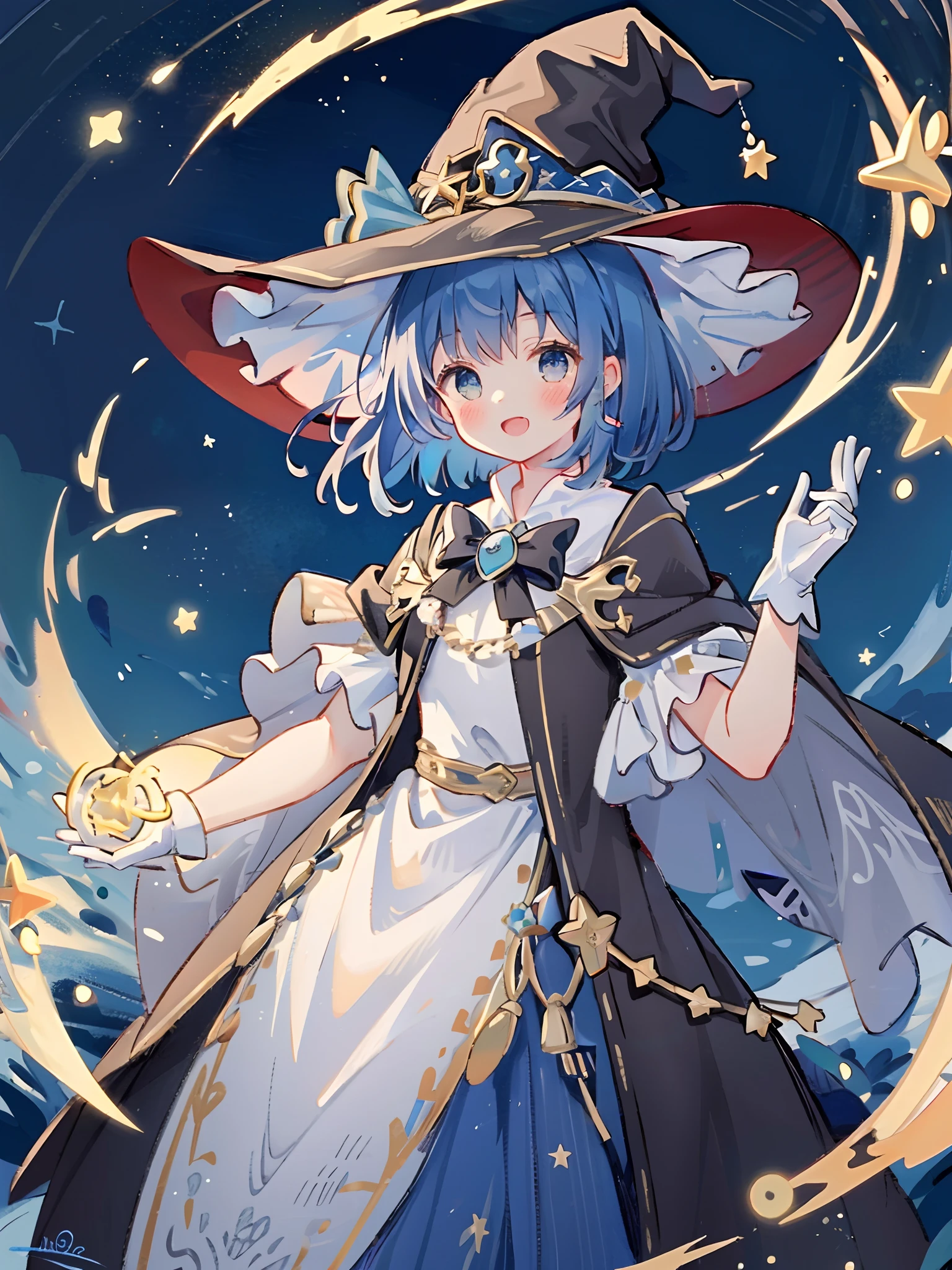 ((masterpiece:1.2, best quality)), 1girl, solo, (witch hat), a close up of a girl with short blue hair, short hair, dress, aurora, night, star (sky), gloves, sky, white dress, night sky, open mouth, starry sky, light blue eyes, ribbon, very shorthair, red dress, smile, hair ribbon, cape, blue hair, (bird), magic, casting spell, dark clouds, night, (impressionism:1.4), alphonse mucha,