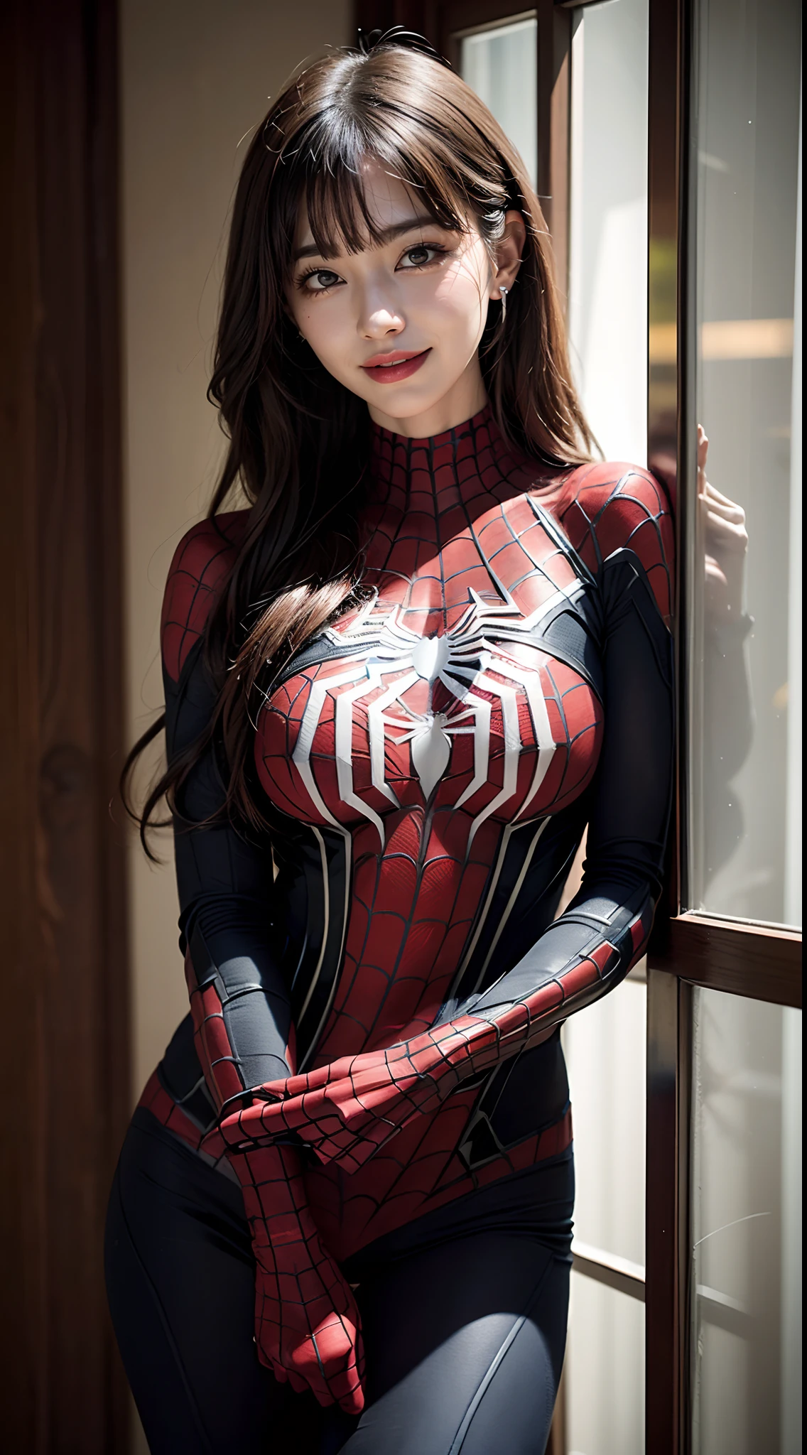 1 Girl, Very bright backlight, Solo, {beautiful-detailed eyes}, large full breasts, Brilliant moonlight, calm expression, Natural light and soft light, Hair fluttering in the breeze, delicate facial features, Blunt bangs, beautiful Korean girl, Eye Smile, Very small earrings,(Wearing Spider-Man's suit. It has a red and black scheme of spider design, A glimpse of the valley :1.3) ,23 years old, film grain, Real hands,shy smile,sexy poses