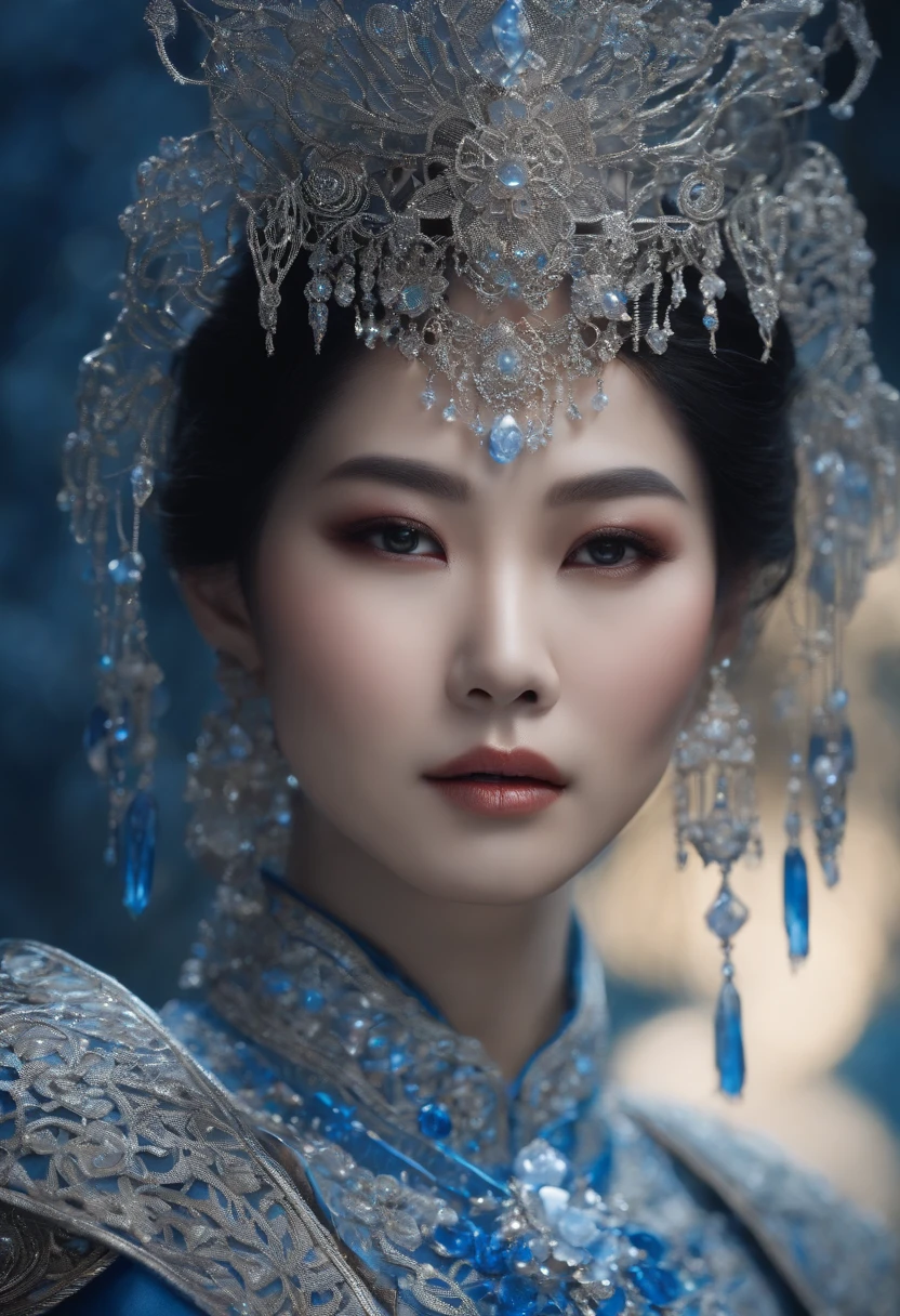 a beautiful Asian woman, with short hair, she wears translucent crystal armor and the wirework is blue and white, photorealistic