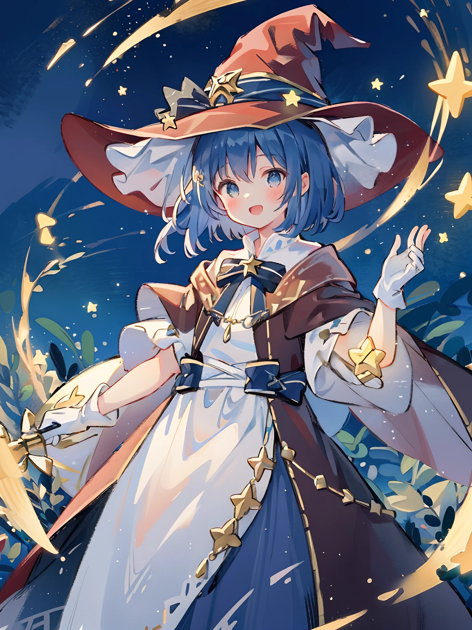 ((masterpiece:1.2, best quality)), 1girl, solo, (witch hat), a close up of a girl with short blue hair, short hair, dress, aurora, night, star (sky), gloves, sky, white dress, night sky, open mouth, starry sky, light blue eyes, ribbon, very shorthair, red dress, smile, hair ribbon, cape, blue hair, (bird), magic, casting spell, dark clouds, night, (impressionism:1.4), alphonse mucha,