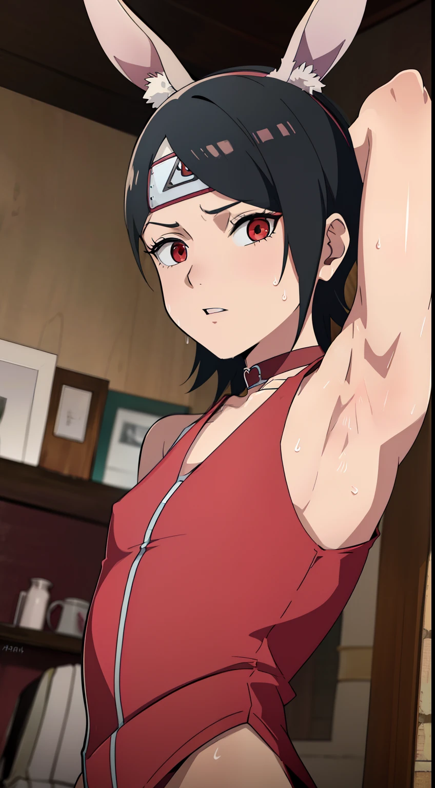 Highres, Masterpiece, Best quality at best,Best Quality,hight quality, hight detailed, sarada, masterpiece, (slim body), (short body), bunny girl, bunny ear, choker, can see, (showing armpit:1.3), sexy, sweat