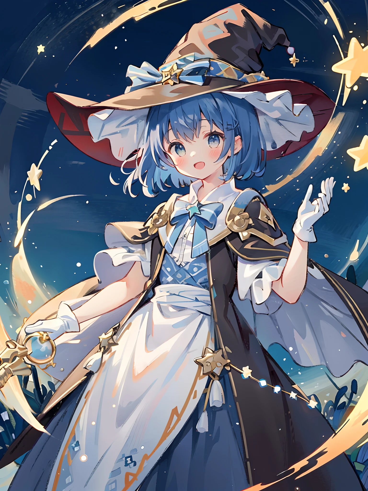 ((masterpiece:1.2, best quality)), 1girl, solo, (witch hat), a close up of a girl with short blue hair, short hair, dress, aurora, night, star (sky), gloves, sky, white dress, night sky, open mouth, starry sky, light blue eyes, ribbon, very shorthair, red dress, smile, hair ribbon, cape, blue hair, (bird), magic, casting spell, dark clouds, night, (impressionism:1.4), alphonse mucha,