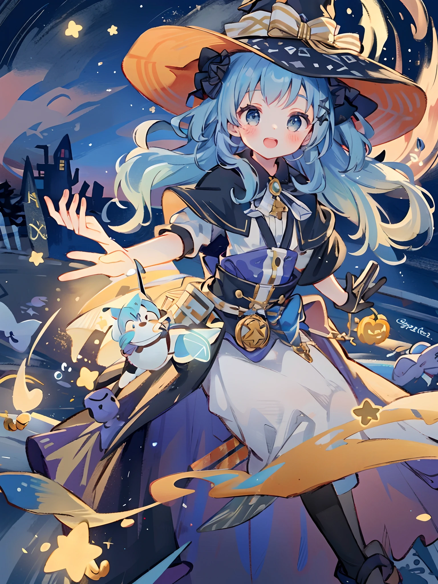((masterpiece:1.2, best quality)), 1girl, solo, (witch hat), a close up of a girl with curly hair, dress, aurora, night, star (sky), gloves, sky, dress, night sky, open mouth, starry sky, light blue eyes, ribbons, smile, cape, blue hair, magic, casting spell, night, (impressionism:1.4), alphonse mucha, Halloween colors, colorful candy