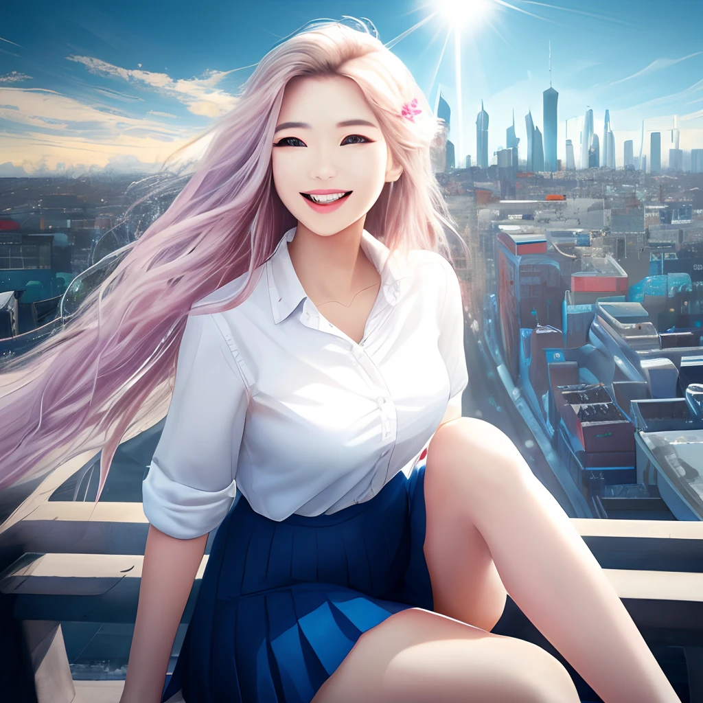 Official fine art,master-piece,Sharp focus,(beautiful gorgeous cute Korean woman:1.3),(beautiful cute korean:1.3),Korean beauty,Delicate and beautiful hair and eyes and face,Lifelike,hyper detailed,Beautiful high girl ,,Vaginal opening valgus,A blue sky,Glowing white particles,(sidelighting:1.2),sunbeams,white cloud,Detailed clouds,slender,Cute big breasts and big buttocks,Toothy laughter,((Laugh and open your eyes)),scenecy,Long straight hair, sexy facial expression, architectural, (Cityscape:1.7), Dynamic hair, Long straight hair, Delicate platinum-pink hair, glow blue eyes, (blue pleated shirts+whitish skirt), long white socks, Pale skin, hairornaments, epic landscape,Exposed,The legs are spread apart, Lateral breast exposure, Chest exposure, Scratches, Vaginal opening, Exposed ,Scratches ,Vaginal opening, The legs are spread apart,Scratches,No Panty,Exposed,The vaginal opening is exposed,Vaginal opening valgus
