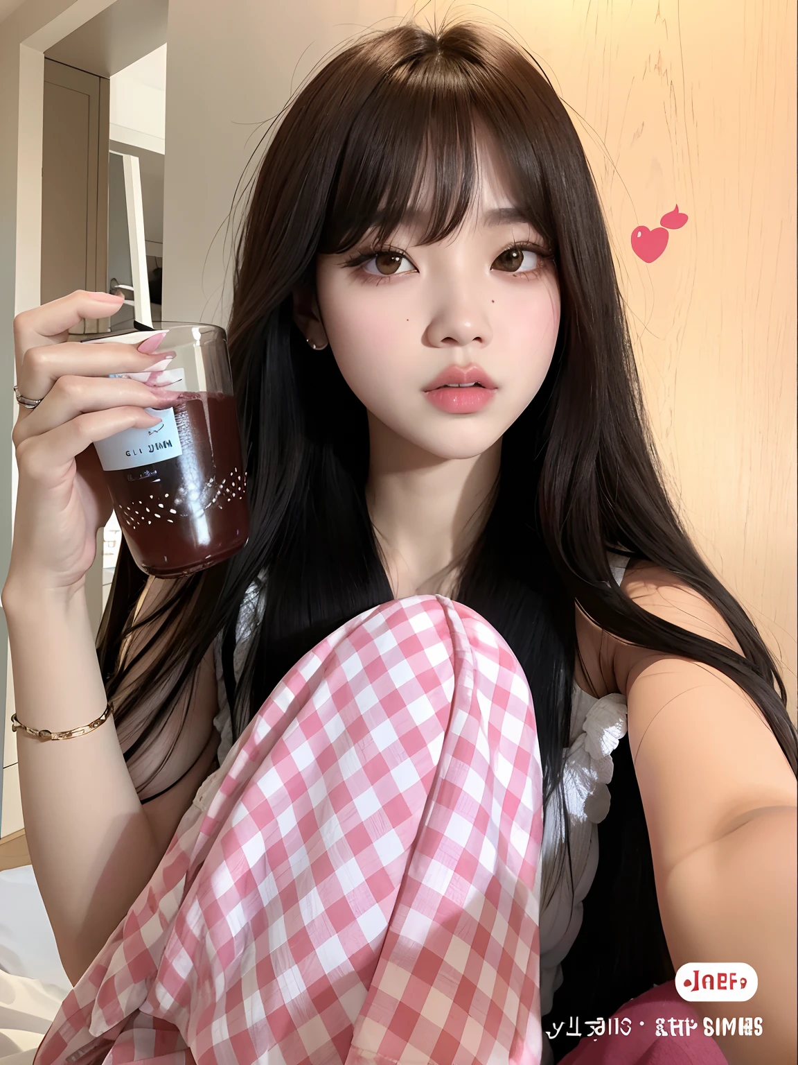 Araffe girl with long black hair holding a drink in her hand, Lalisa Manobal, Ulzzang, Jinyoung Canela, Lalisa Manoban do Blackpink, Bae Suzy, cabelo longo castanho com franja, Jaeyeon Nam, Ela tem cabelo preto com franja, cabelo comprido com franja completa, com franja, jossi do blackpink, cabelos longos com franja