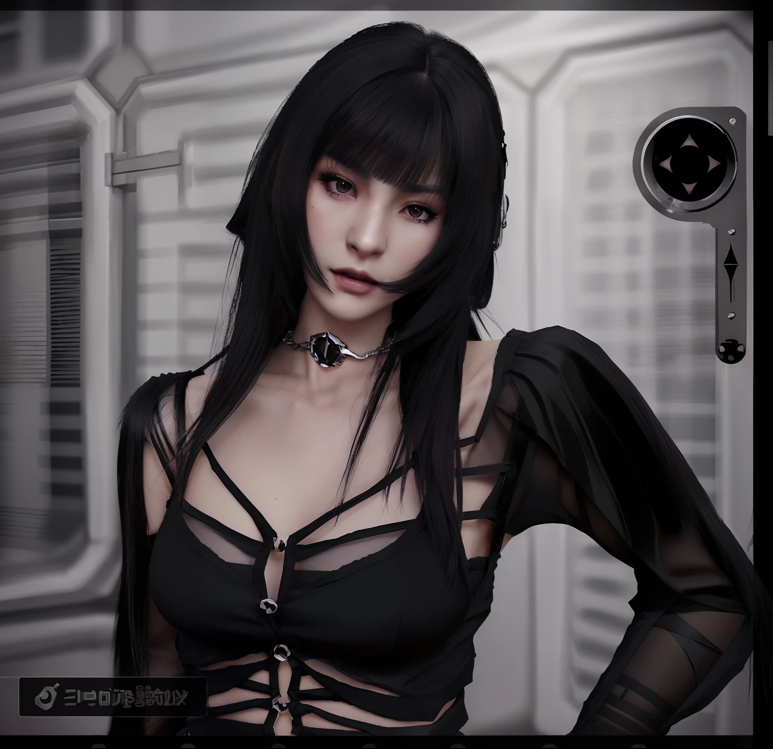 a close up of a woman with a black top and a black shirt, sensual gloomy style, second life avatar, reallusion character creator, detailed long black hair, seductive. highly detailed, style game square enix, upper body avatar, fashion gameplay screenshot, trending on deviant art, detailed punk hair, with very highly detailed face, imvu, the hime haircut
