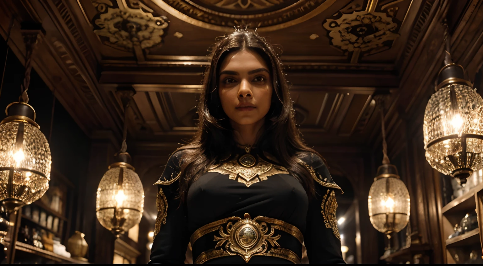 Deepika Padukone representando a morte extremamente frus, dynamic pose, corpo inteiro, Rosto altamente detalhado, rosto perfeito, Hora de Ouro, fotorrealista, alto contraste, HD 8K, circunstanciado, hiper-detalhado, textura de pele realista, coberto com capuz preto, peito grande, best quality, ultra high-resolution, Foto RAW, dramatic lighting, Motor irreal, brilho difuso, intrincado capuz preto, in an antique shop, Antique Shop Dark Realistic Detail, segurando um cajado de luz azul.