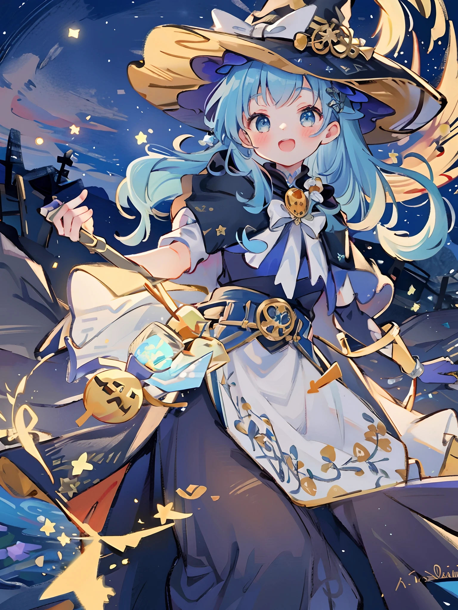 ((masterpiece:1.2, best quality)), 1girl, solo, (witch hat), a close up of a girl with curly hair, dress, aurora, night, star (sky), gloves, sky, dress, night sky, open mouth, starry sky, light blue eyes, ribbons, smile, cape, blue hair, magic, casting spell, night, (impressionism:1.4), alphonse mucha, Halloween colors, colorful candy