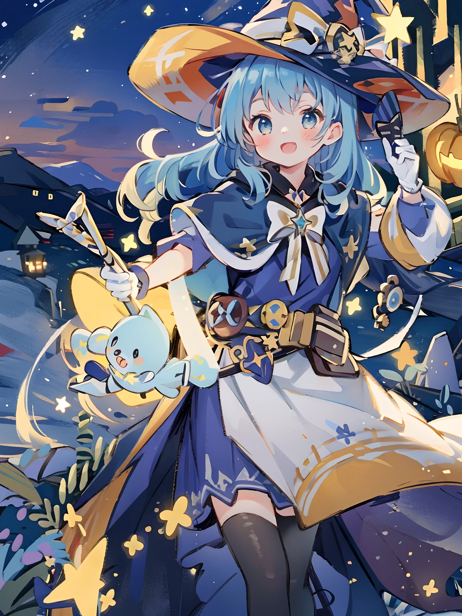 ((masterpiece:1.2, best quality)), 1girl, solo, (witch hat), a close up of a girl with curly hair, dress, aurora, night, star (sky), gloves, sky, dress, night sky, open mouth, starry sky, light blue eyes, ribbons, smile, cape, blue hair, magic, casting spell, night, (impressionism:1.4), alphonse mucha, Halloween colors, colorful candy