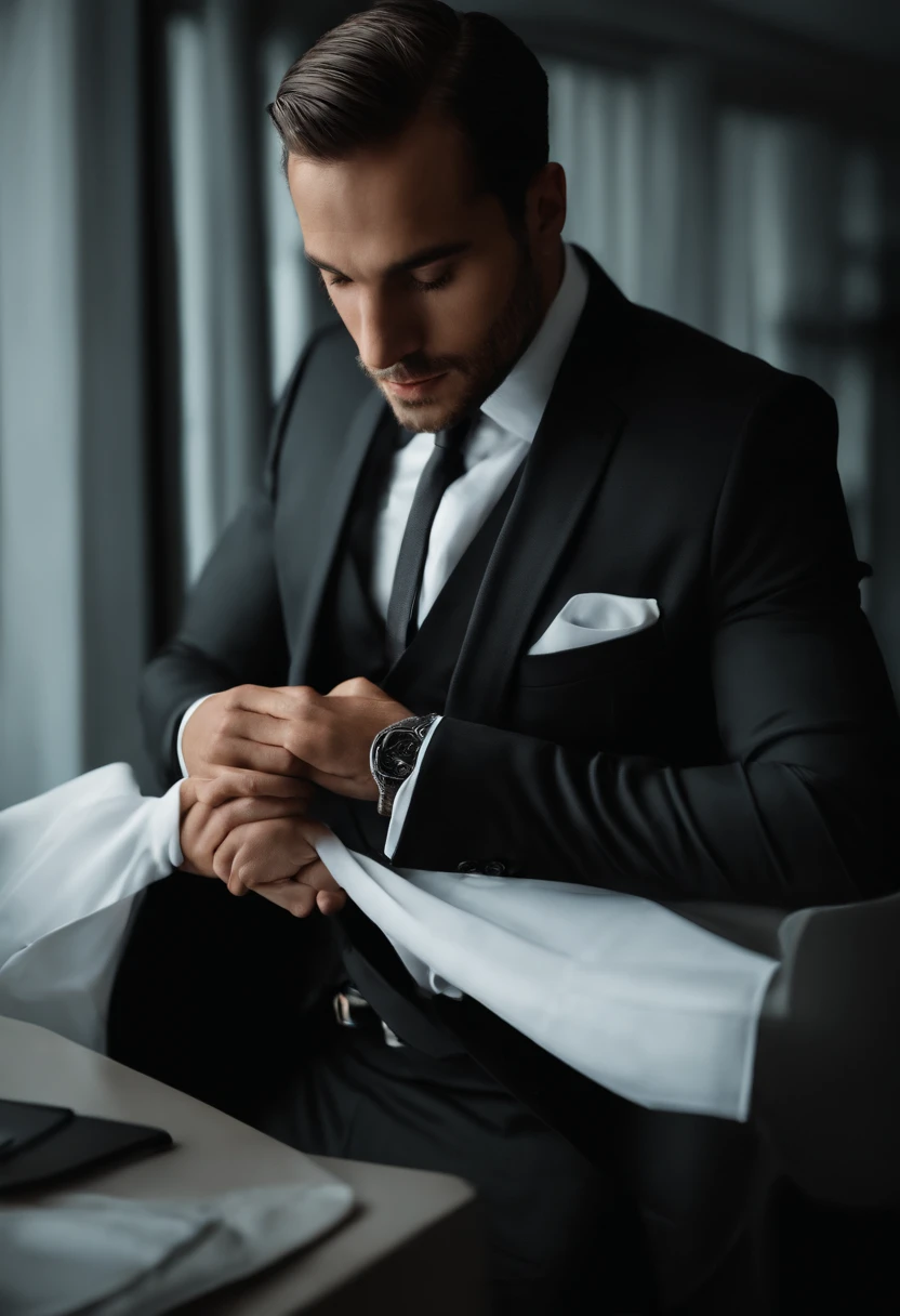 arafed man in a suit adjusting his tie in the dark, wearing a suit and a tie, wearing suit and tie, subject detail: wearing a suit, wearing a suit and tie, wearing business suit, wearing a business suit, wearing suit, wearing robes and neckties, suit and tie, wearing a suit, wearing a strict business suit, wearing black business suit