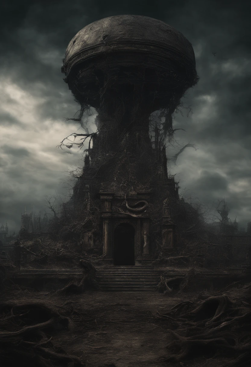 Landscape by Jean-Joseph Benjamin-Constant and Hieronim Bosch: surrealistic huge gorgon baroque with steampunk flyings in the sky , sinister by Greg Rutkowski symmetrical ugly decayed woman Epic cinematic brilliant stunning intricate meticulously detailed dramatic atmospheric maximalist digital horror Gustave Doré Greg Rutkowski dramatic colors, perfect composition, beautiful detailed intricate insanely detailed octane render trending on artstation, 8 k artistic
