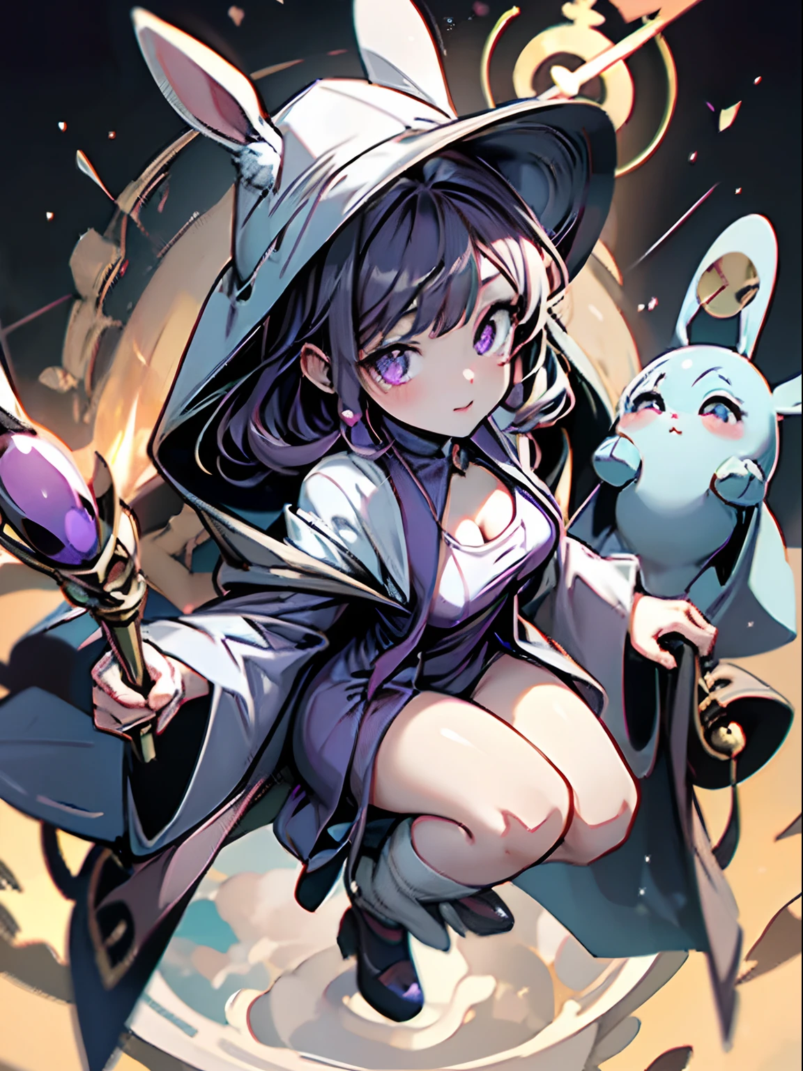 1 rabbit girl、Sorcerer、full body Esbian、、big eye、kawaii eyes、a purple eye、teak、Wizard robes、Wizard Hat、Sorcerer's Wand、Colossal tits、cleavage of the breast、top-quality、Watercolor style、