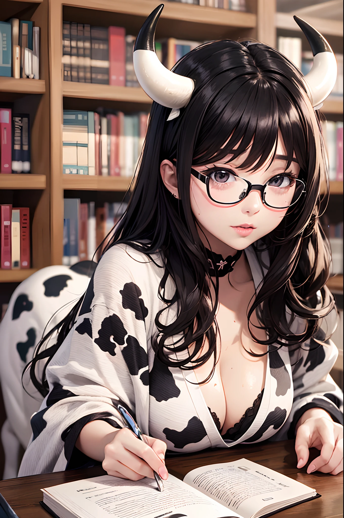 16K Ultra High Definition
Super detailed
The best of the best
Shiny detailed hair
Beautiful human woman with long hair
Super Big　plump meat
Black and white cow print kimono
Cow ears and cow small horns
Shiny skin
Red cheeks
Moisturized eyes
Wearing glasses
Reading a book at a desk
Rich breasts on desk on library background