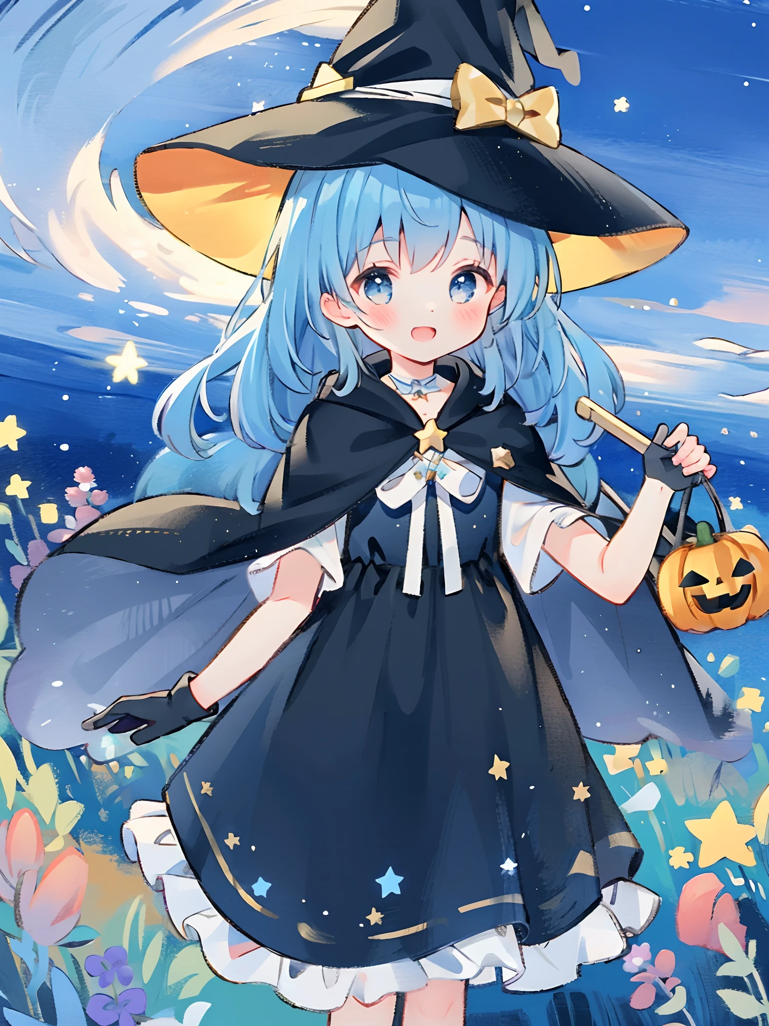 ((masterpiece:1.2, best quality)), 1girl, solo, (witch hat), a close up of a girl with curly hair, dress, aurora, night, star (sky), gloves, sky, dress, night sky, open mouth, starry sky, light blue eyes, ribbons, smile, cape, blue hair, magic, casting spell, night, (impressionism:1.4), alphonse mucha, Halloween colors, colorful candy