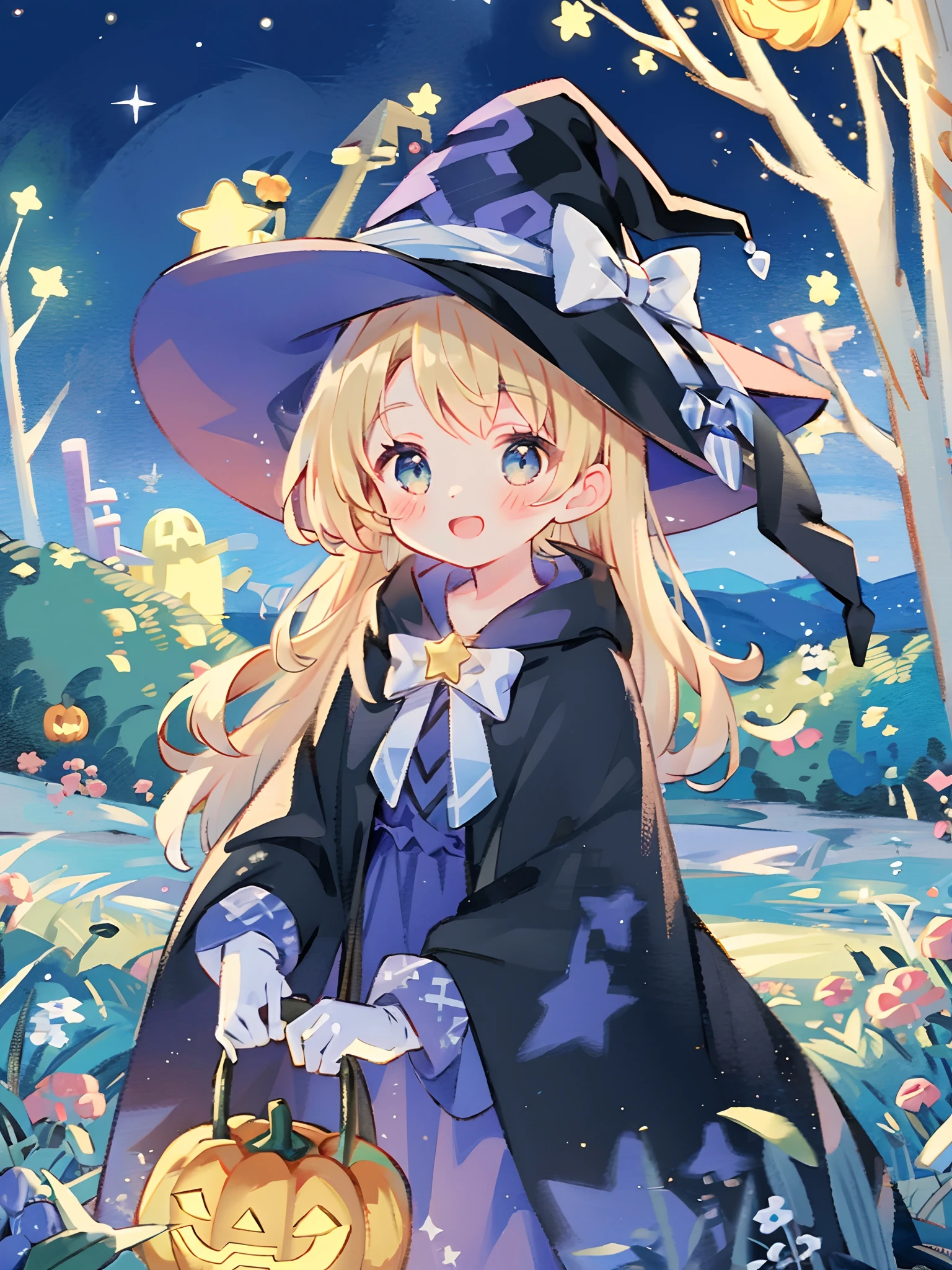 ((masterpiece:1.2, best quality)), 1girl, solo, (witch hat), a close up of a girl with curly hair, dress, aurora, night, star (sky), gloves, sky, dress, night sky, open mouth, starry sky, light blue eyes, ribbons, smile, cape, colorful hair, magic, casting spell, night, (impressionism:1.4), alphonse mucha, Halloween colors, colorful candy, magical lights, pumpkins, candies